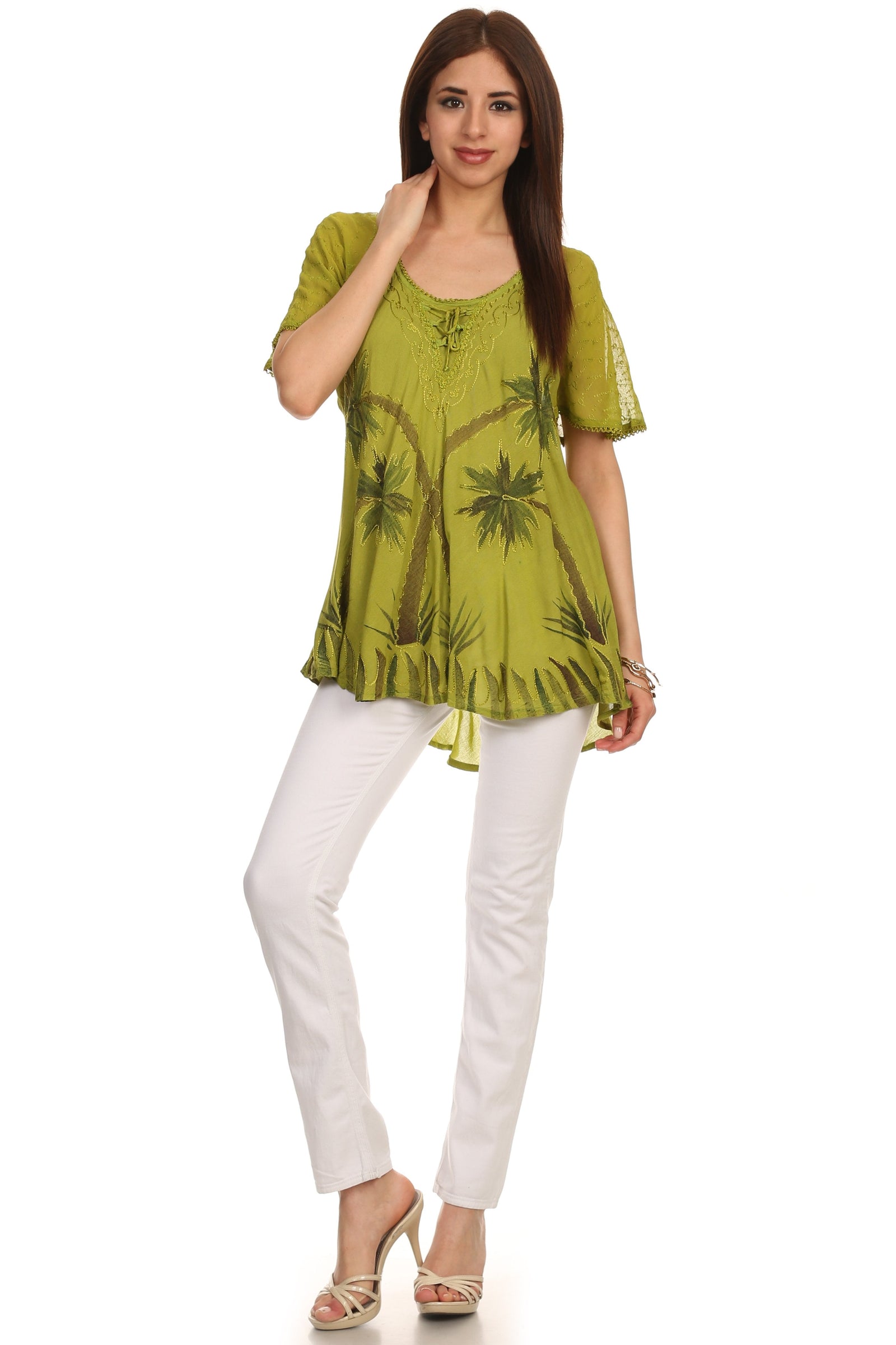 Sakkas Albina Island Blusa / Top con mangas casquillo y bordado de ajuste relajado