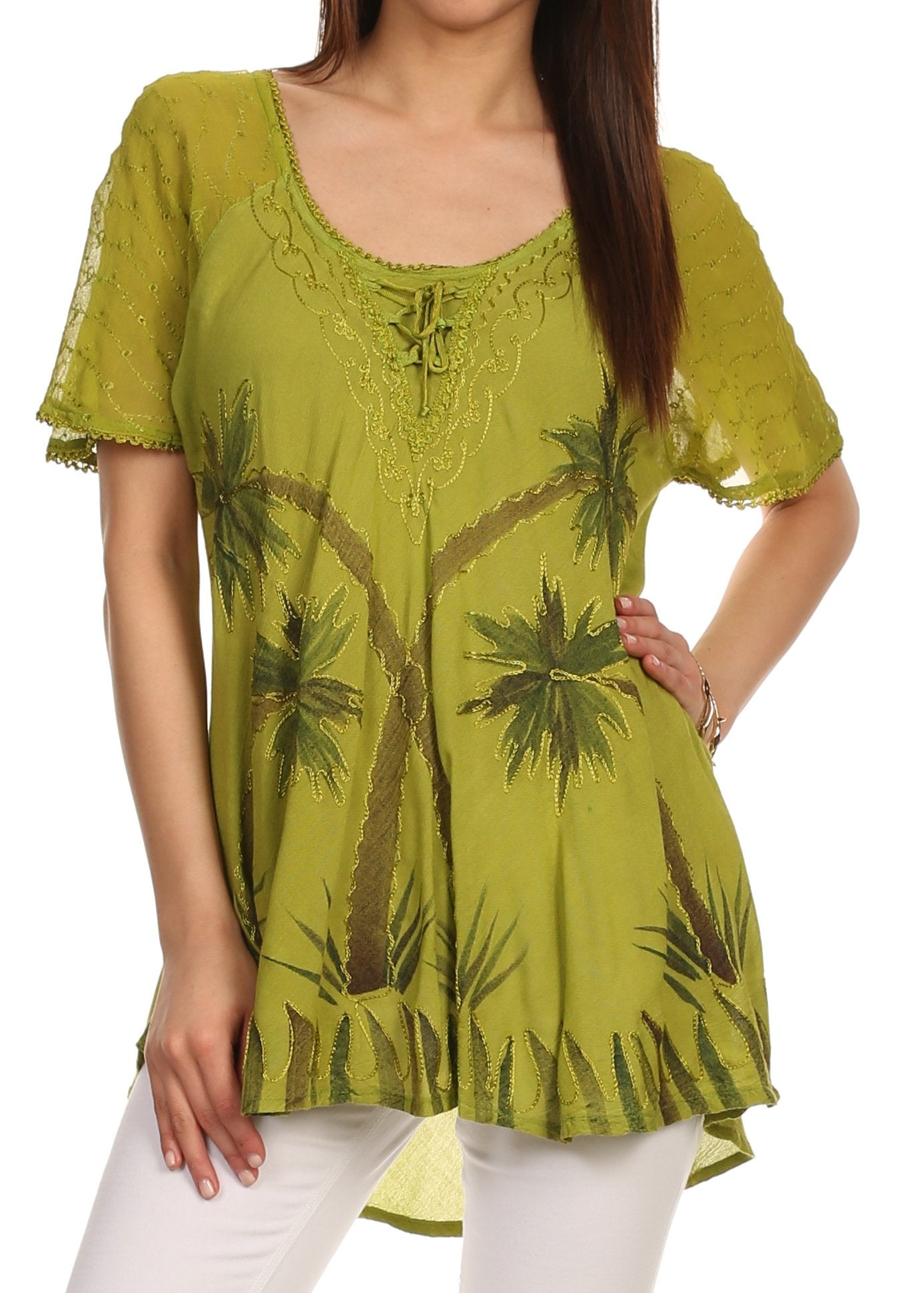 Sakkas Albina Island Blusa / Top con mangas casquillo y bordado de ajuste relajado