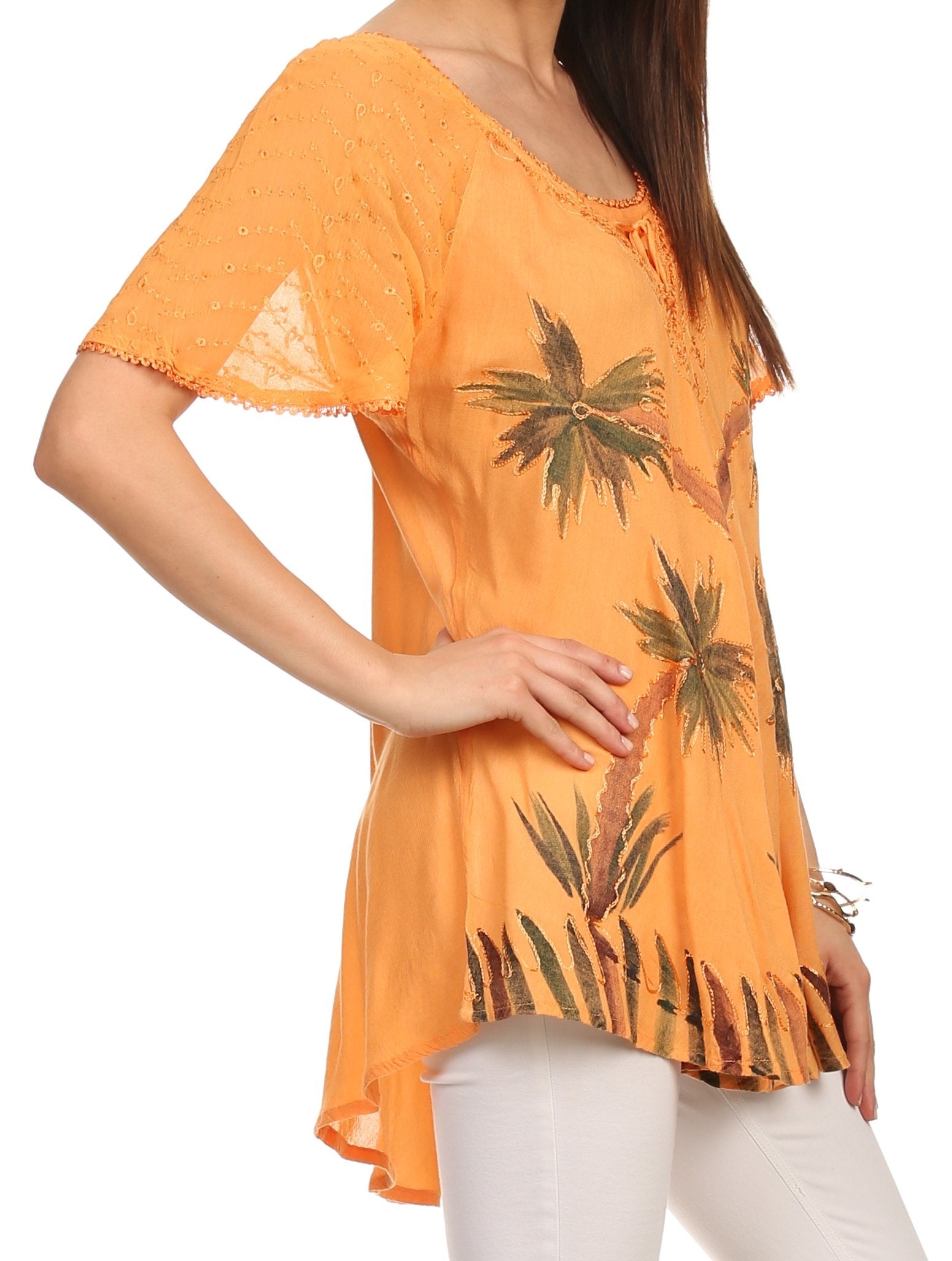 Sakkas Albina Island Blusa / Top con mangas casquillo y bordado de ajuste relajado