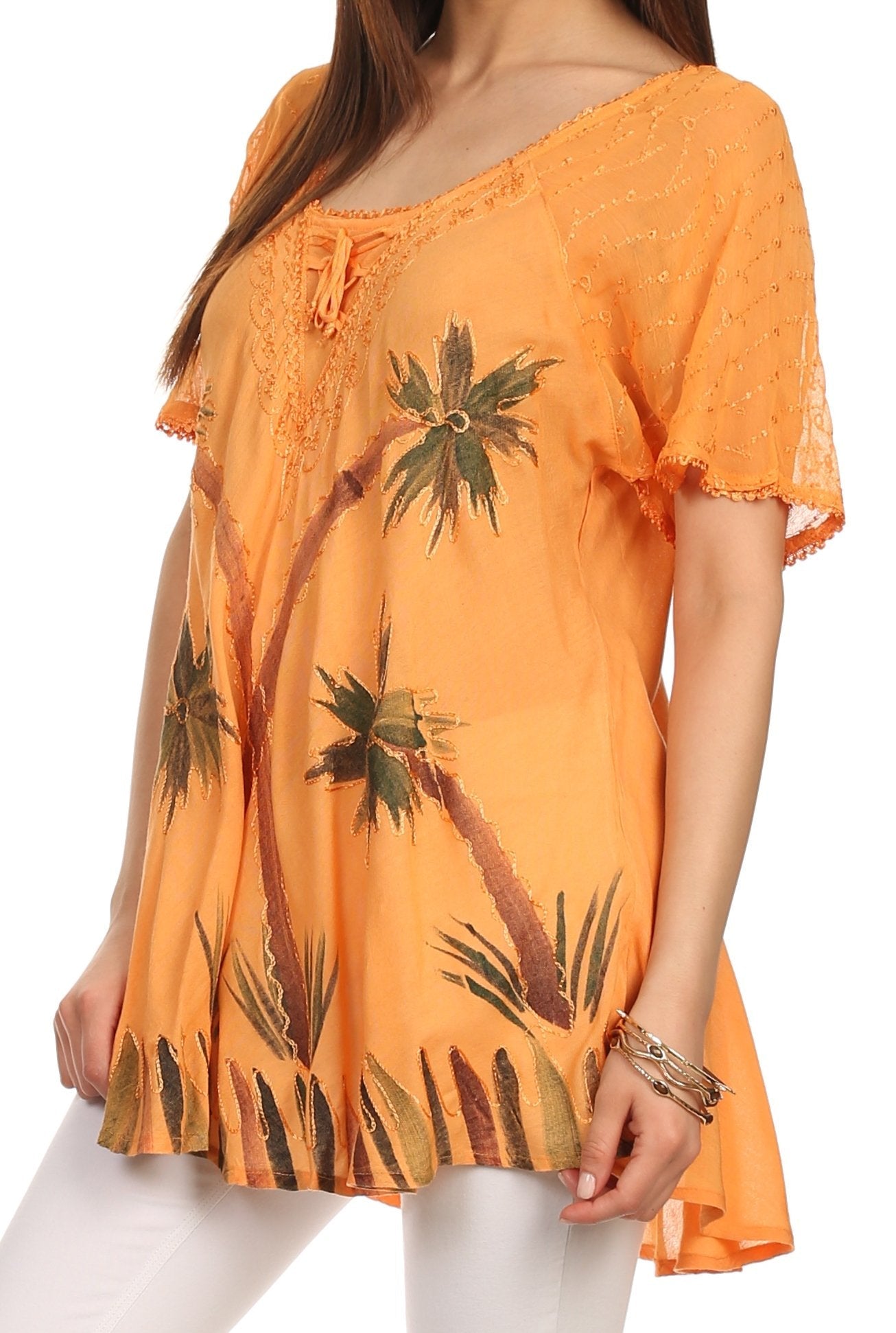 Sakkas Albina Island Blusa / Top con mangas casquillo y bordado de ajuste relajado