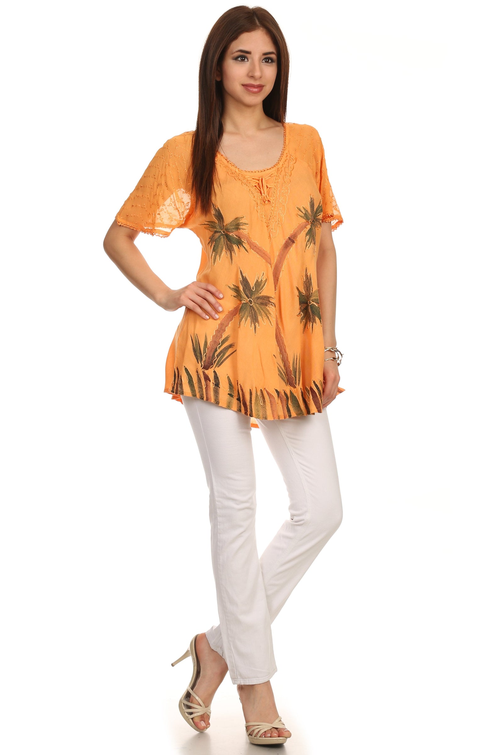 Sakkas Albina Island Blusa / Top con mangas casquillo y bordado de ajuste relajado