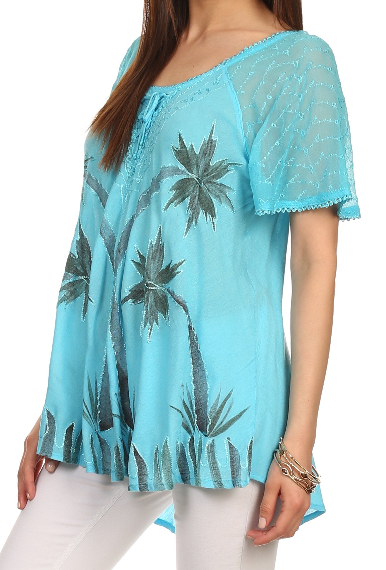 Sakkas Albina Island Blusa / Top con mangas casquillo y bordado de ajuste relajado