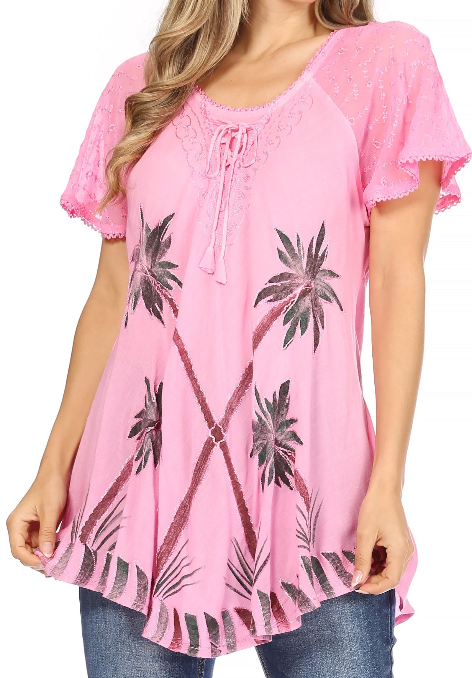 Sakkas Albina Island Blusa / Top con mangas casquillo y bordado de ajuste relajado