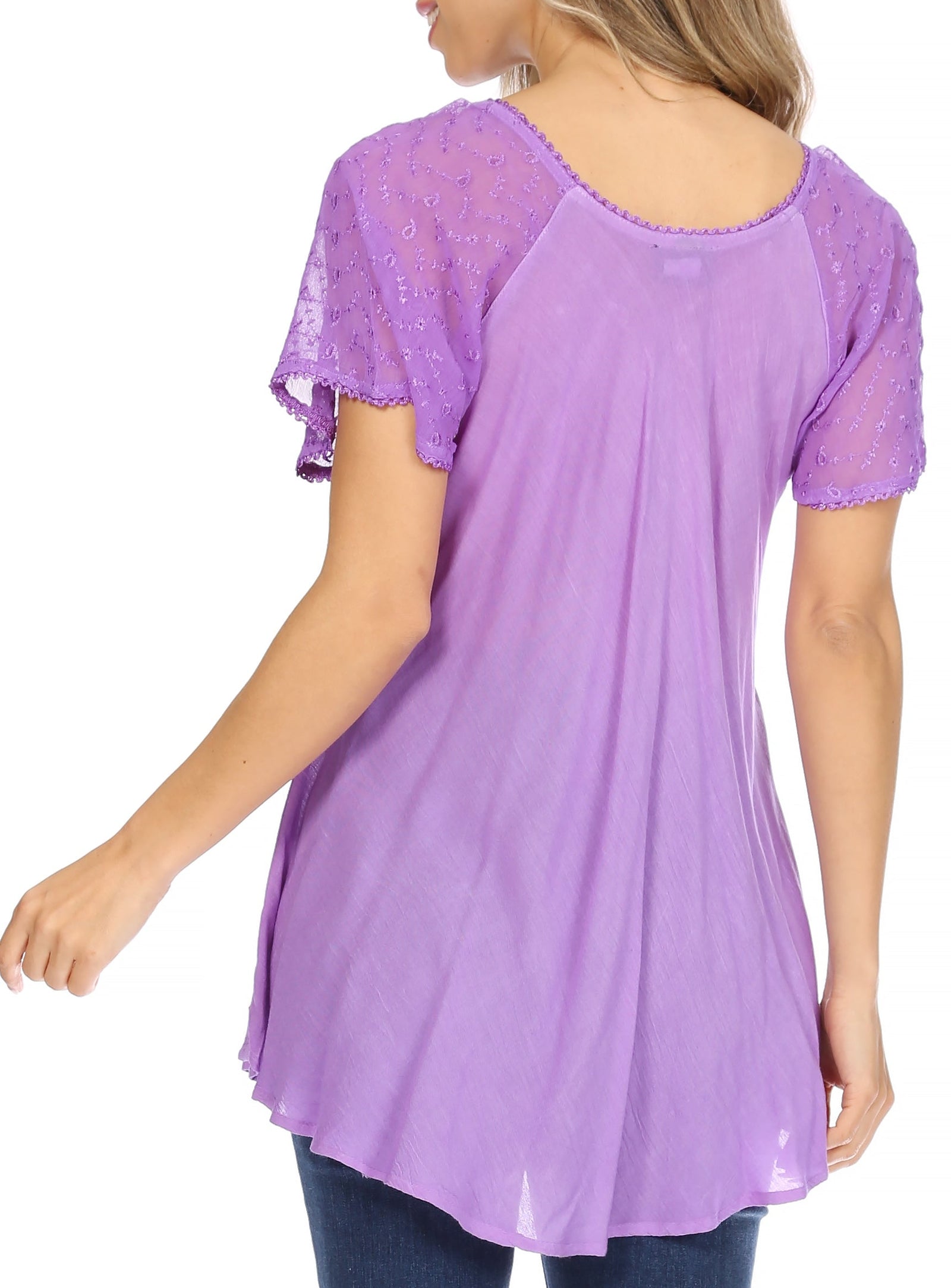 Sakkas Albina Island Blusa / Top con mangas casquillo y bordado de ajuste relajado