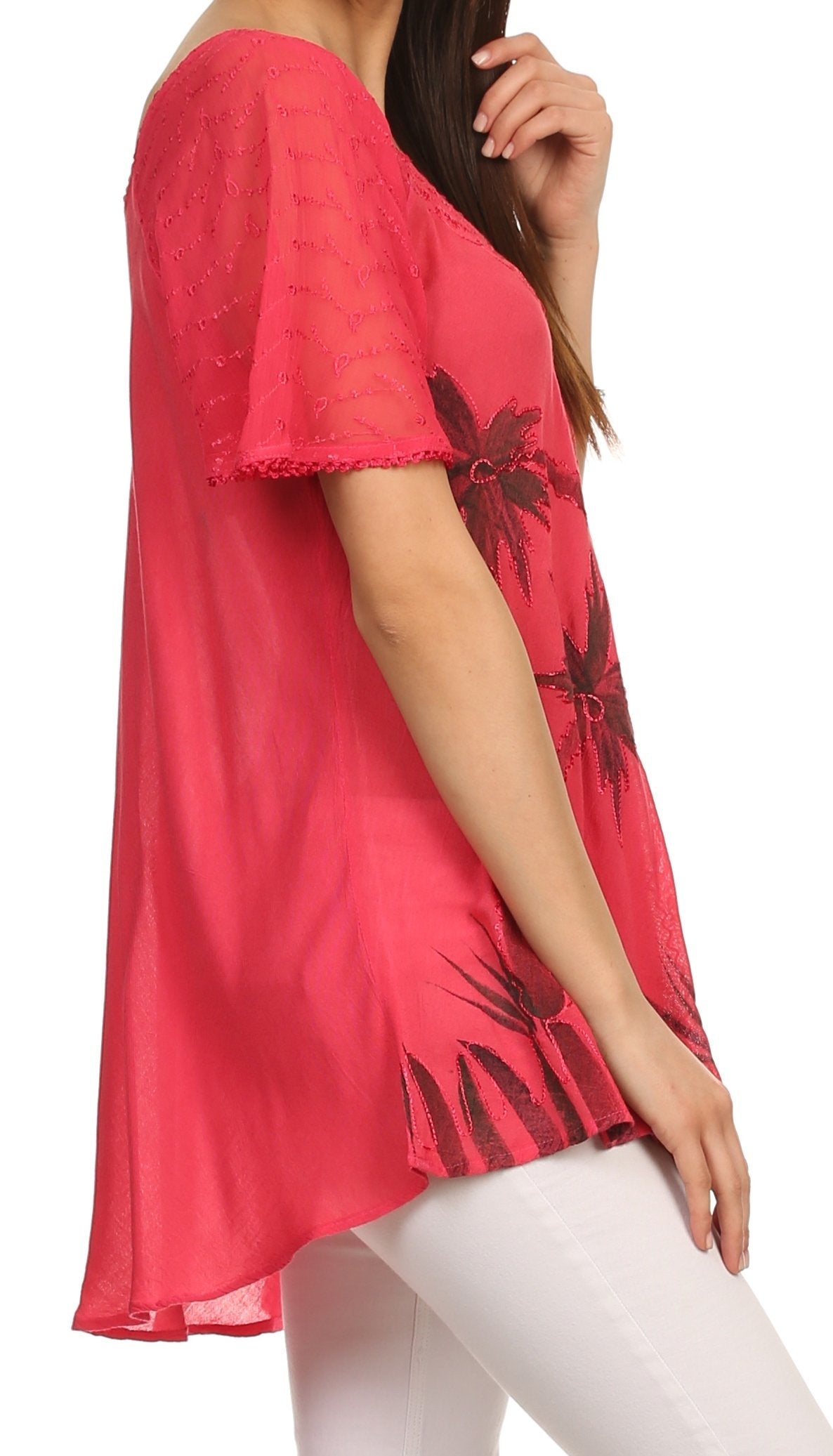 Sakkas Albina Island Blusa / Top con mangas casquillo y bordado de ajuste relajado
