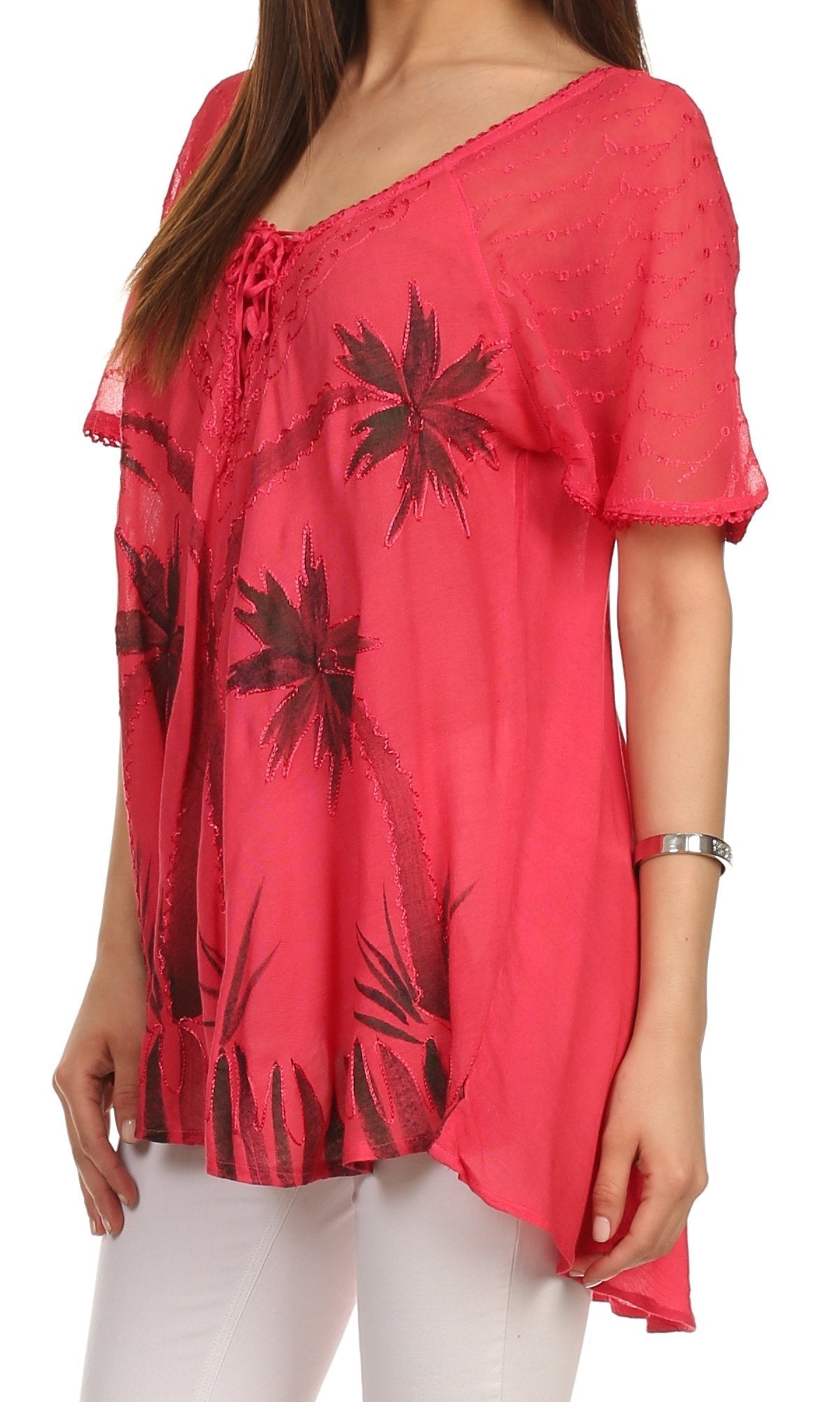 Sakkas Albina Island Blusa / Top con mangas casquillo y bordado de ajuste relajado