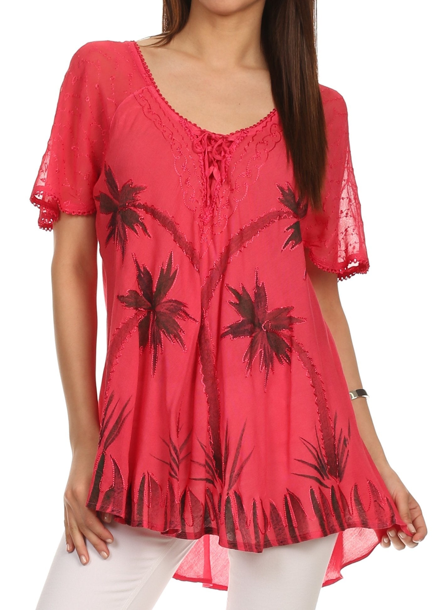 Sakkas Albina Island Blusa / Top con mangas casquillo y bordado de ajuste relajado