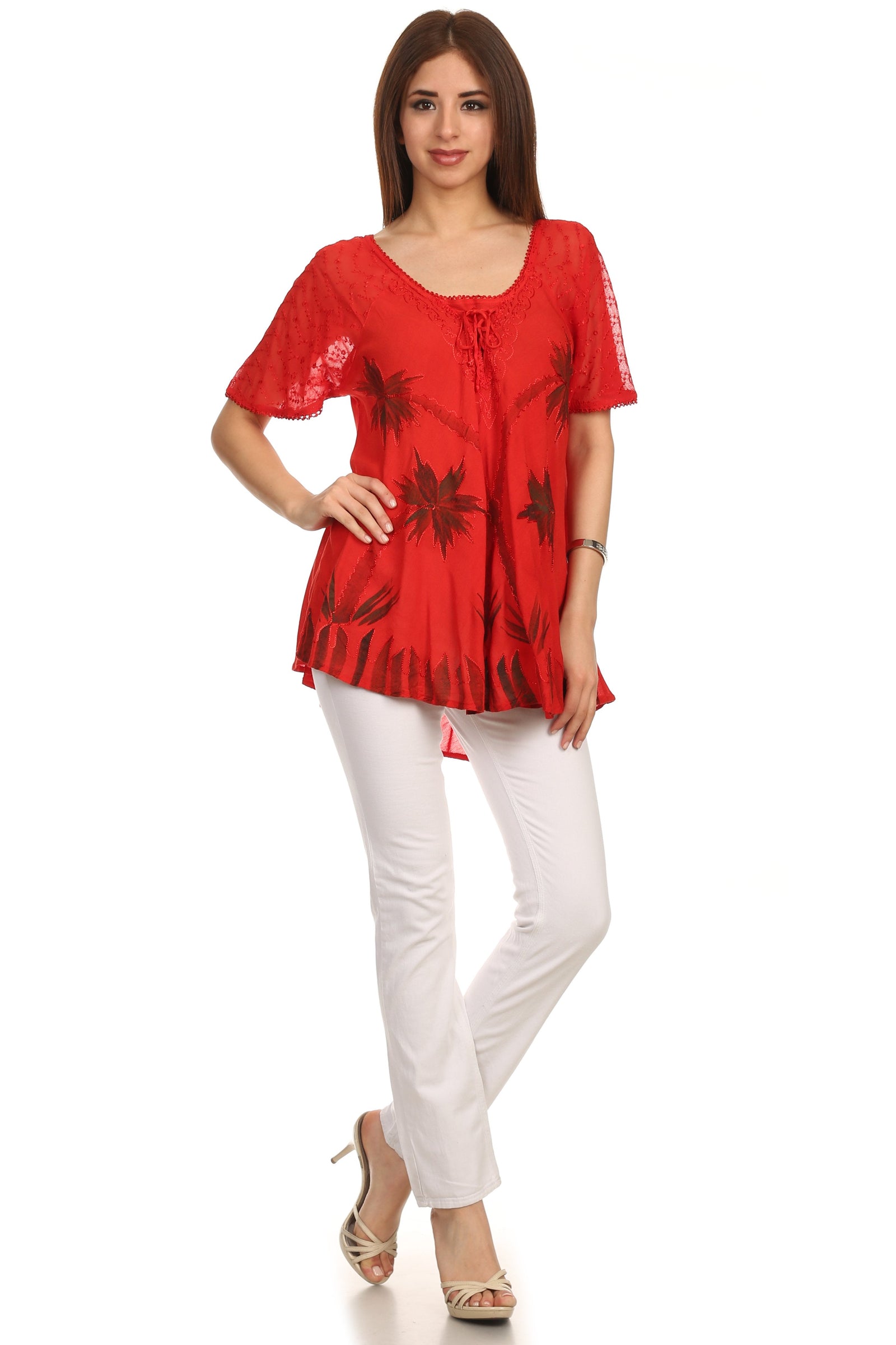 Sakkas Albina Island Blusa / Top con mangas casquillo y bordado de ajuste relajado