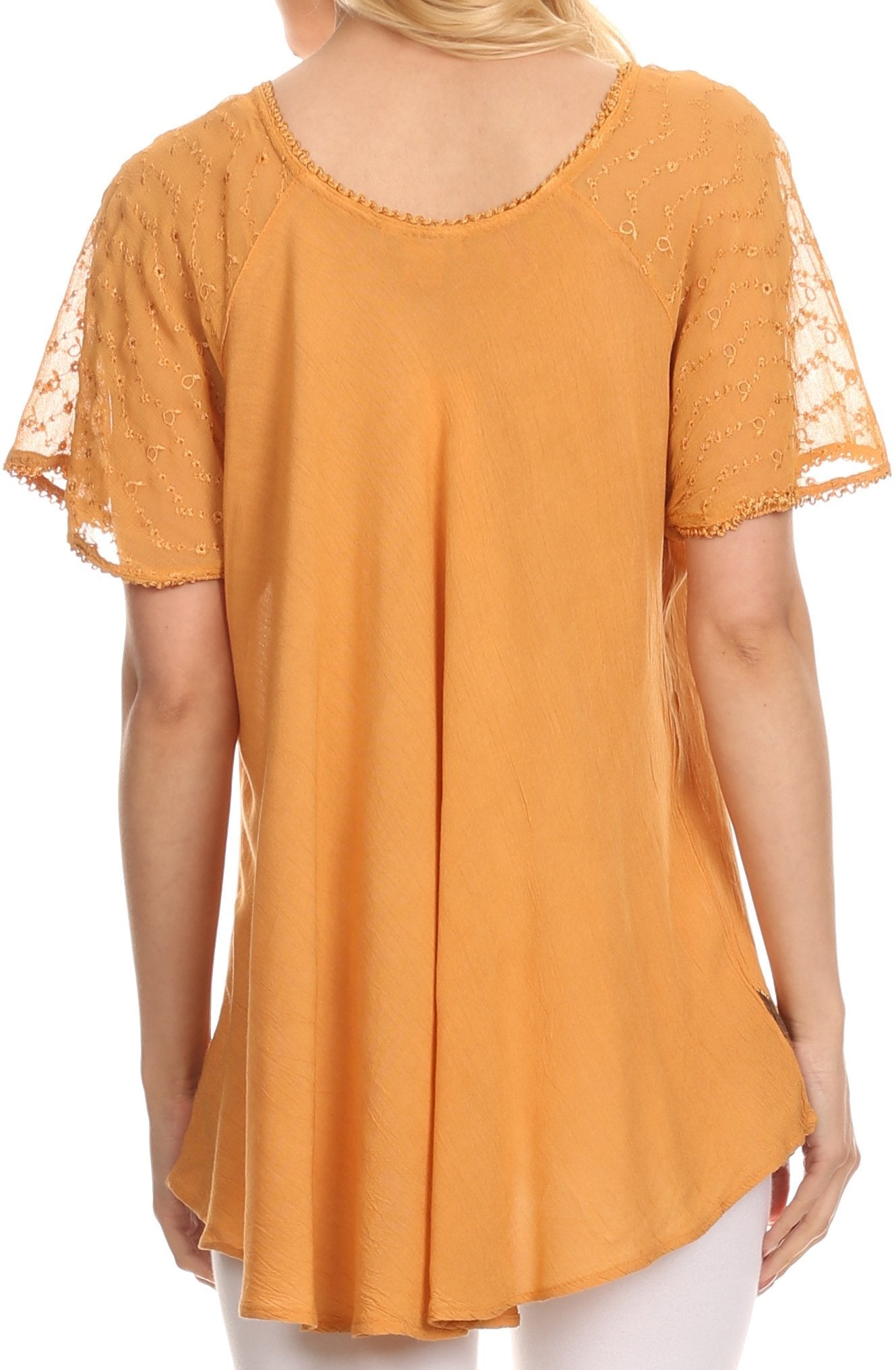 Sakkas Albina Island Blusa / Top con mangas casquillo y bordado de ajuste relajado