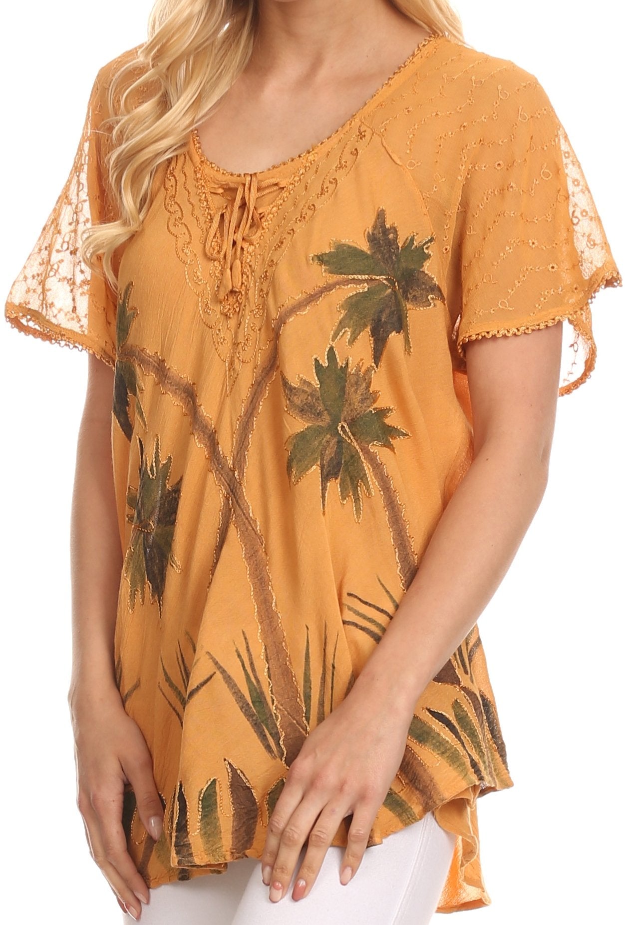 Sakkas Albina Island Blusa / Top con mangas casquillo y bordado de ajuste relajado