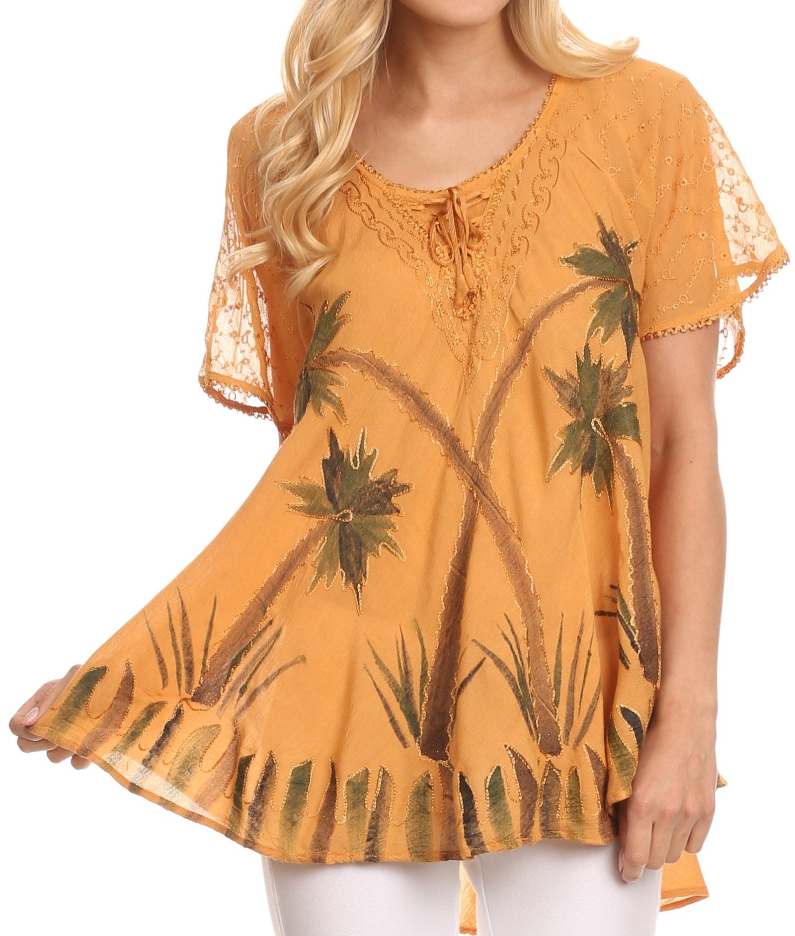 Sakkas Albina Island Blusa / Top con mangas casquillo y bordado de ajuste relajado