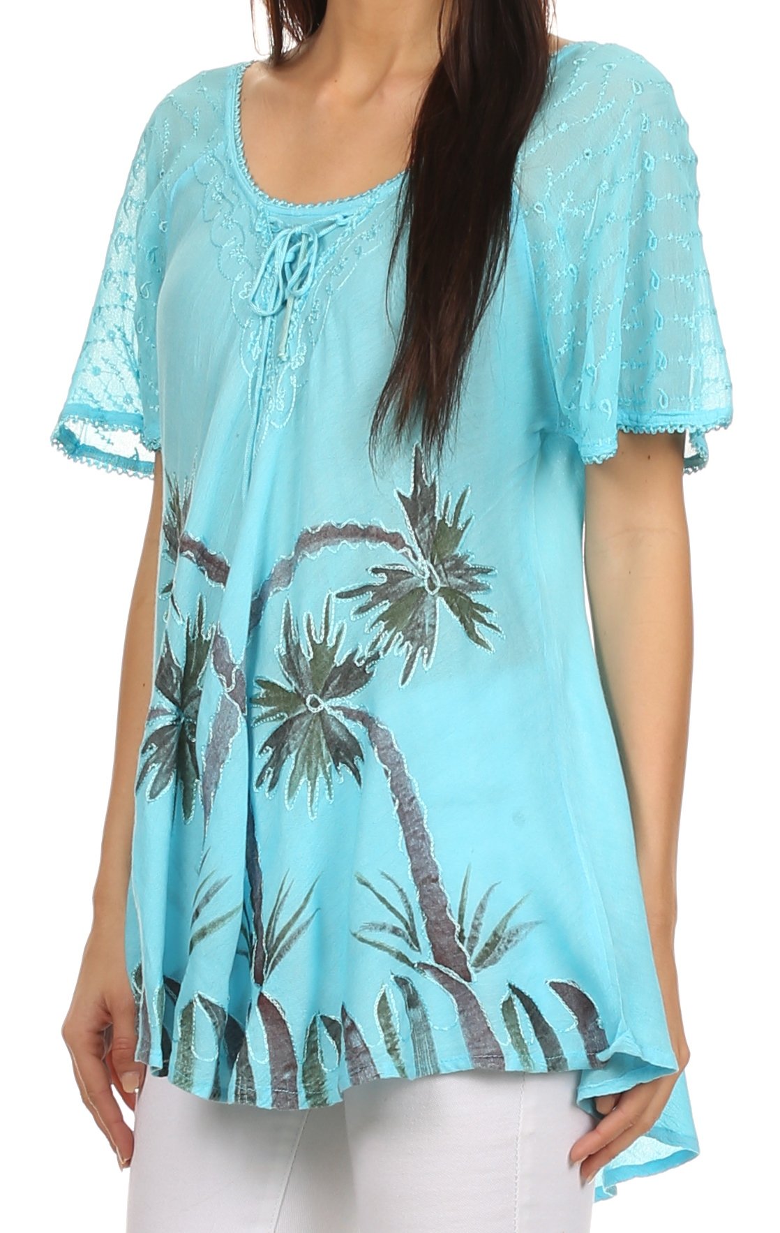 Sakkas Albina Island Blusa / Top con mangas casquillo y bordado de ajuste relajado