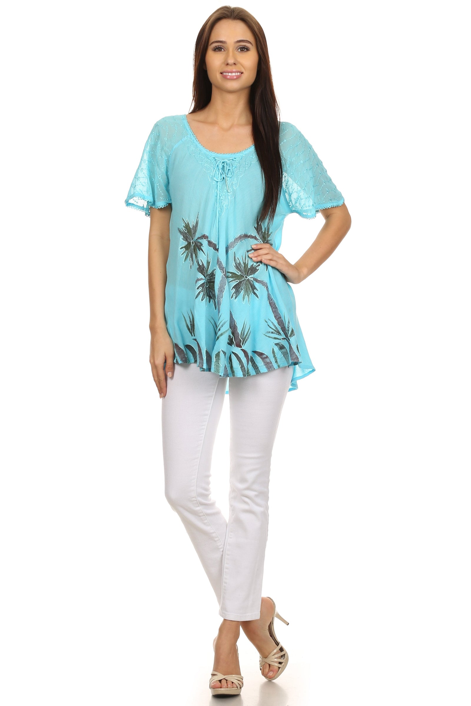 Sakkas Albina Island Blusa / Top con mangas casquillo y bordado de ajuste relajado