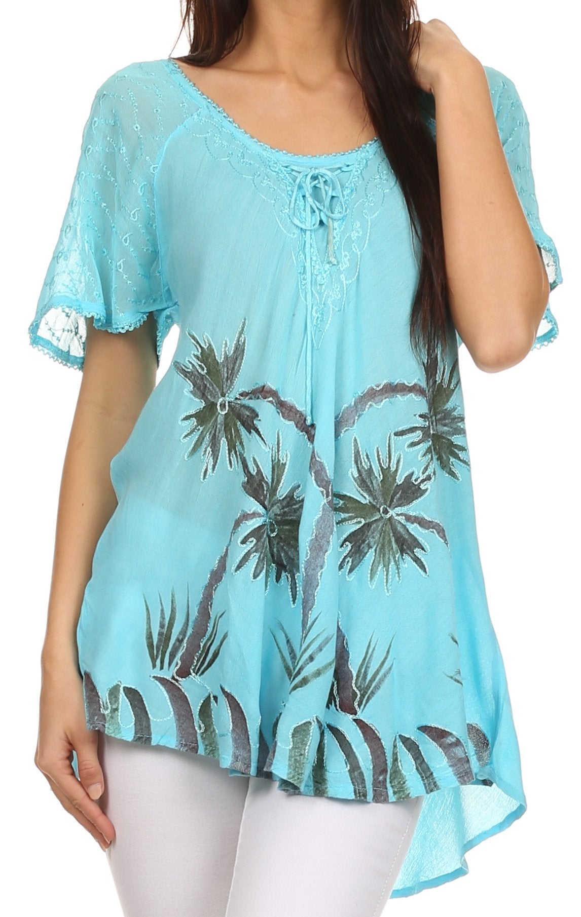 Sakkas Albina Island Blusa / Top con mangas casquillo y bordado de ajuste relajado
