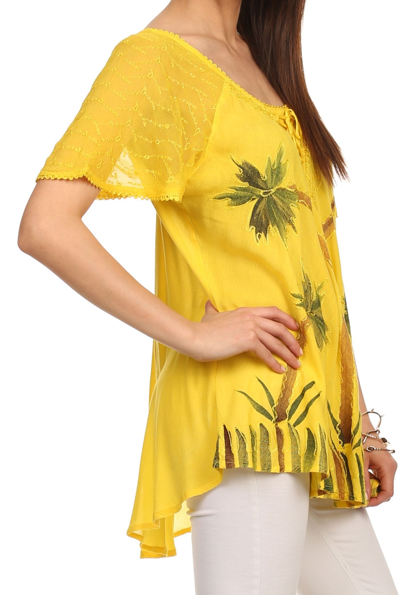 Sakkas Albina Island Blusa / Top con mangas casquillo y bordado de ajuste relajado