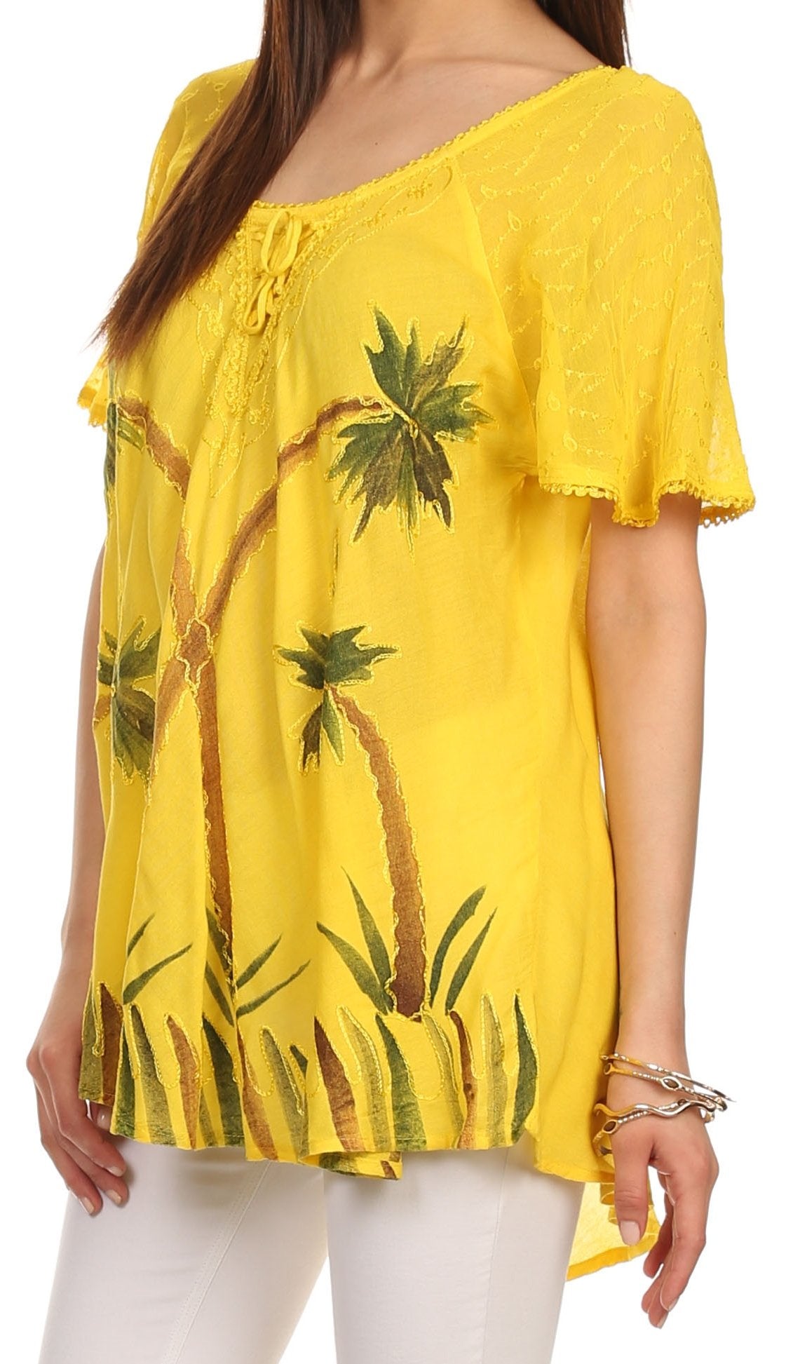 Sakkas Albina Island Blusa / Top con mangas casquillo y bordado de ajuste relajado