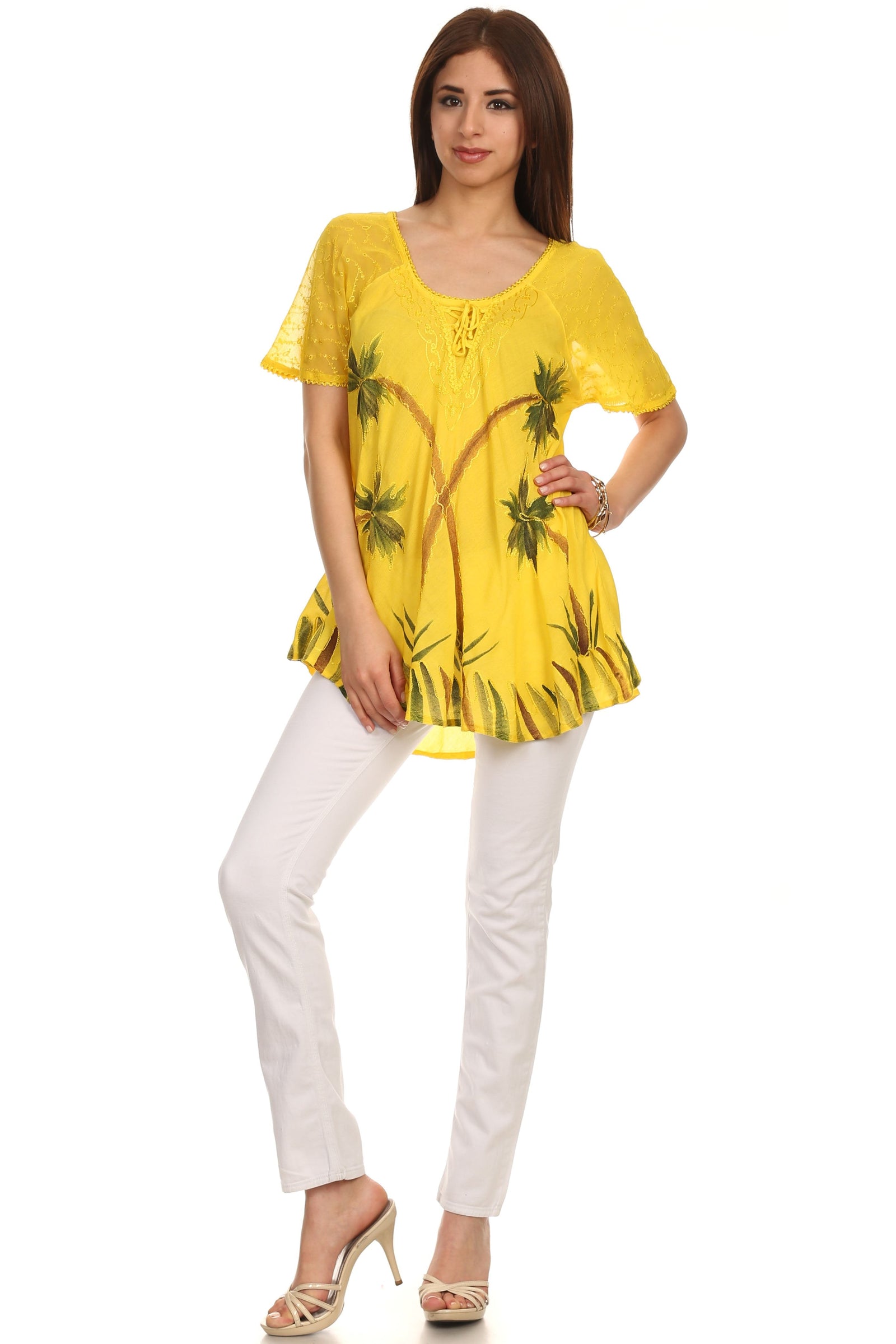 Sakkas Albina Island Blusa / Top con mangas casquillo y bordado de ajuste relajado