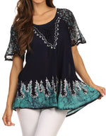 Sakkas Cora Relaxed Fit Batik Design Embroidery Cap Sleeves Blouse / Top