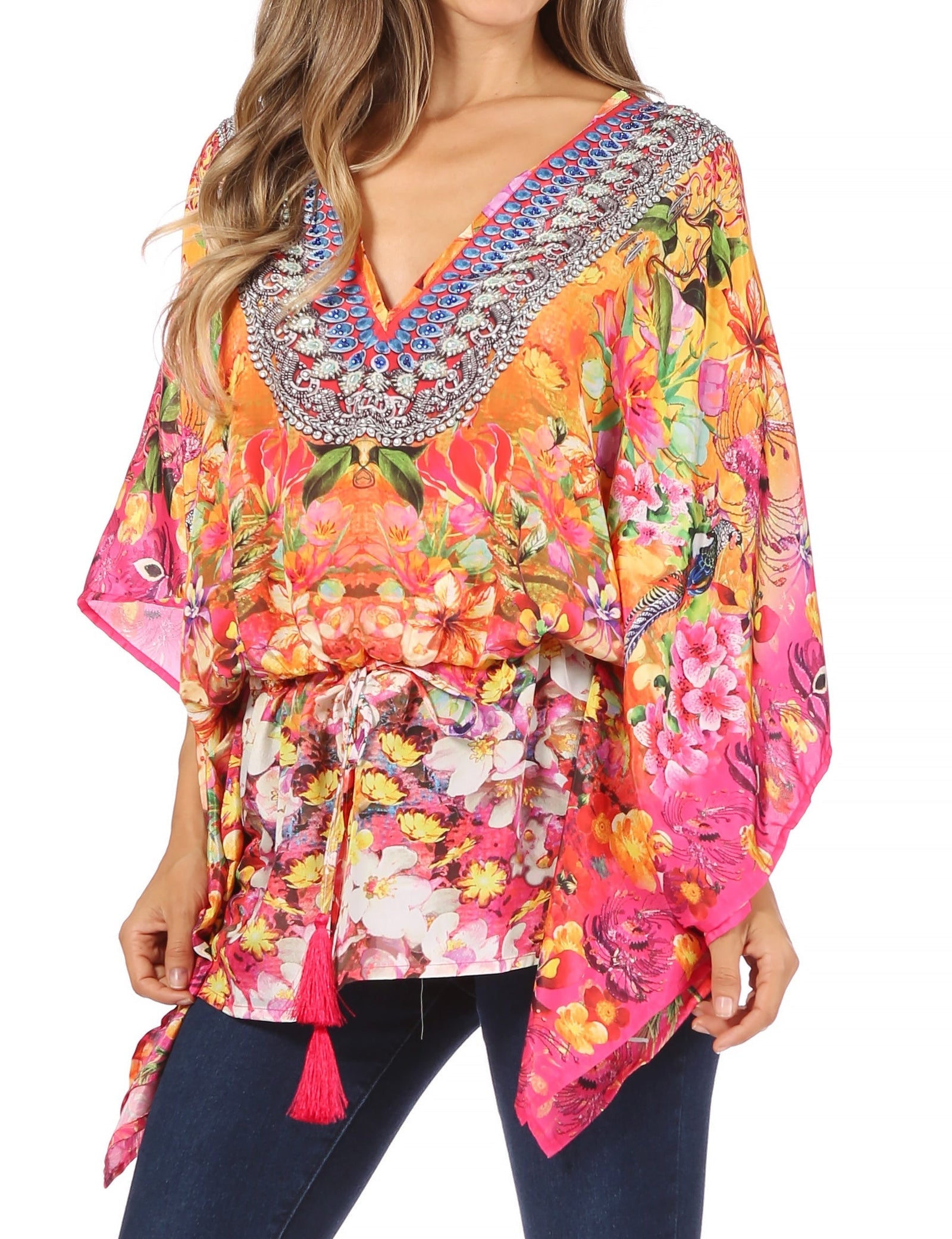 Blusa estilo bohemio de manga corta con cuello en V y estilo informal de gran tamaño para mujer de Sakkas Danis