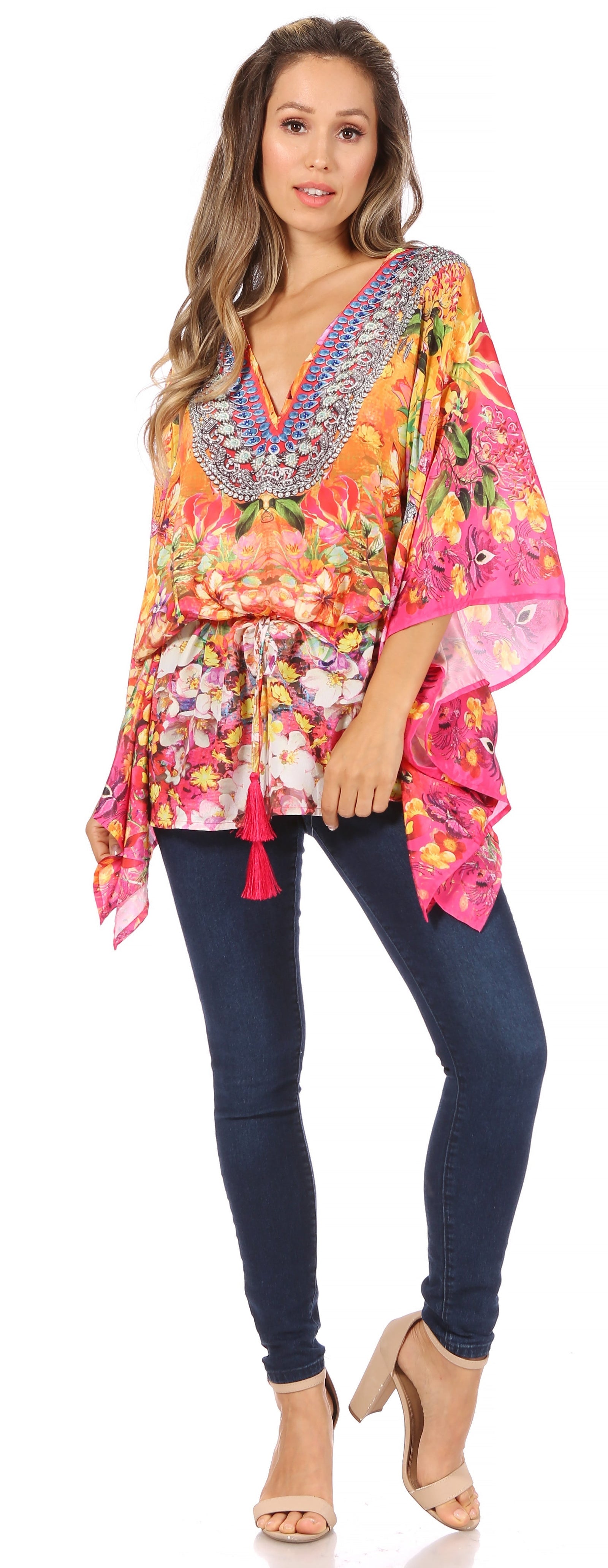 Blusa estilo bohemio de manga corta con cuello en V y estilo informal de gran tamaño para mujer de Sakkas Danis