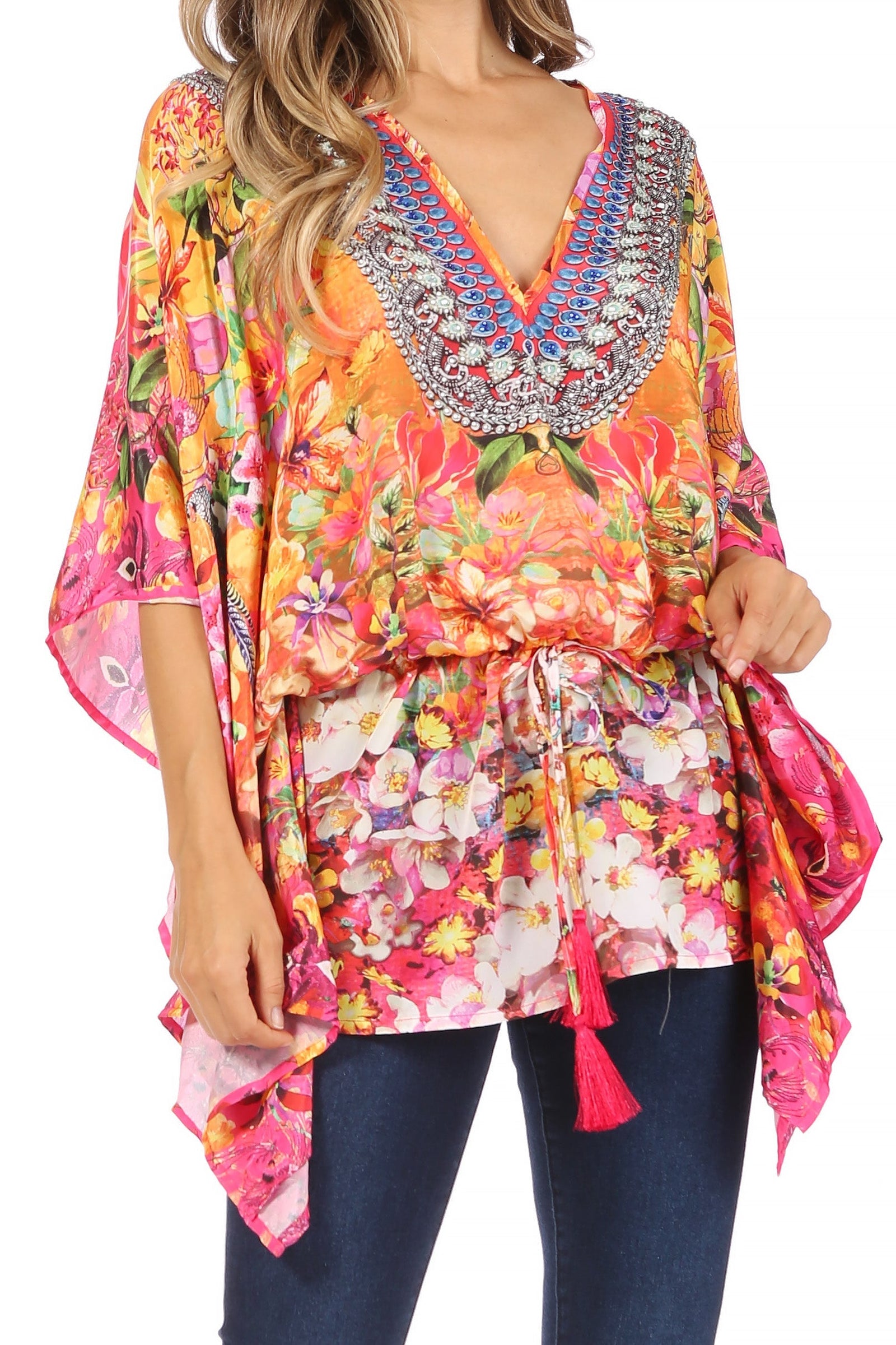 Blusa estilo bohemio de manga corta con cuello en V y estilo informal de gran tamaño para mujer de Sakkas Danis