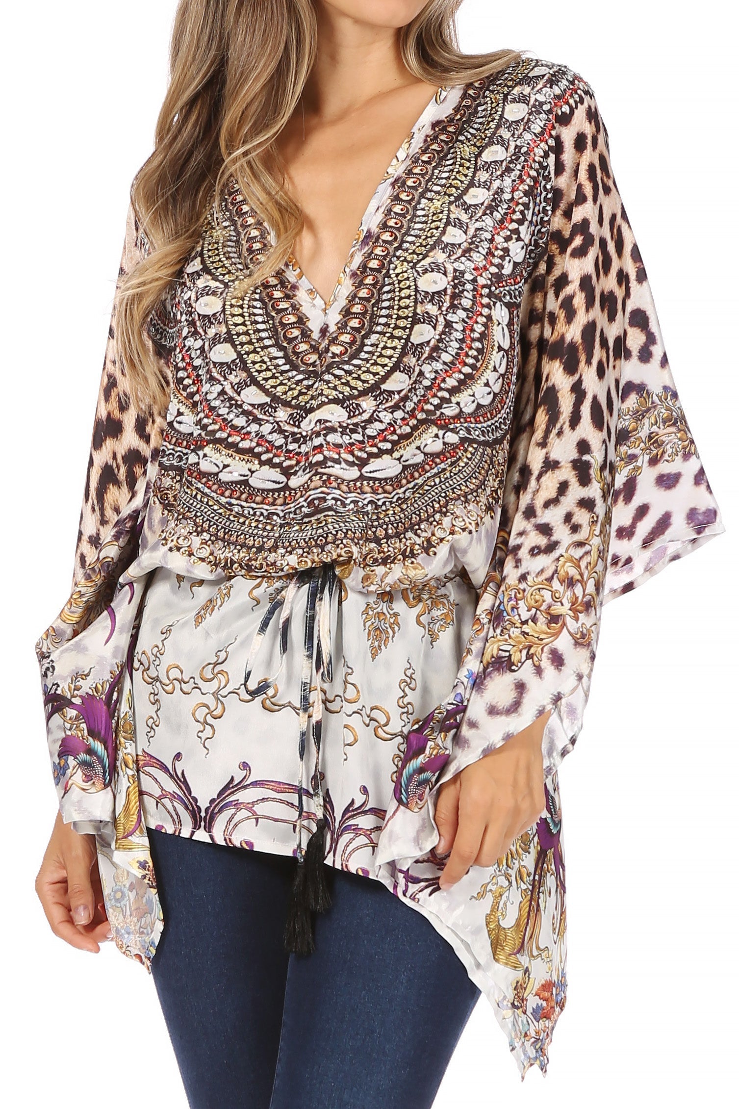 Blusa estilo bohemio de manga corta con cuello en V y estilo informal de gran tamaño para mujer de Sakkas Danis