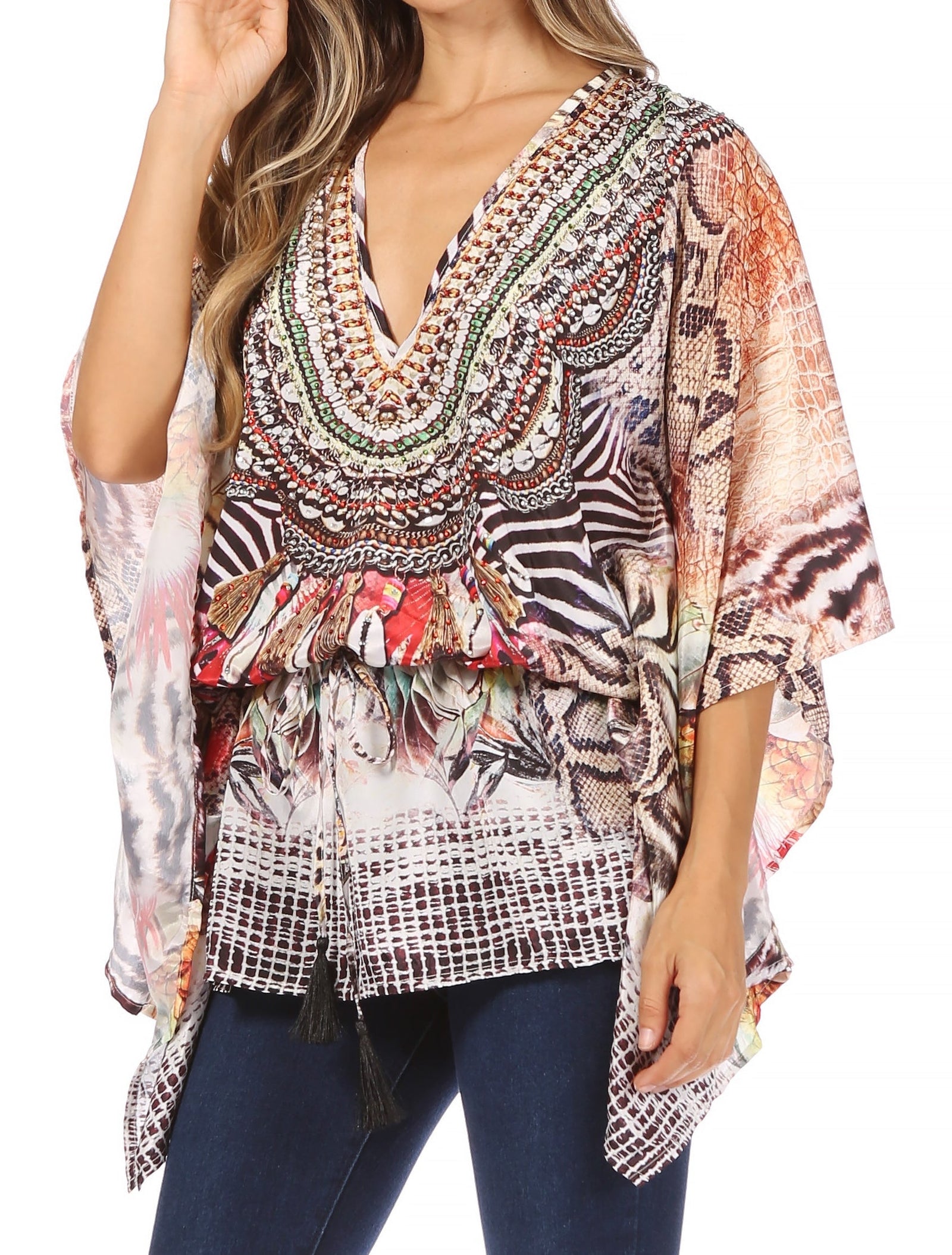 Blusa estilo bohemio de manga corta con cuello en V y estilo informal de gran tamaño para mujer de Sakkas Danis