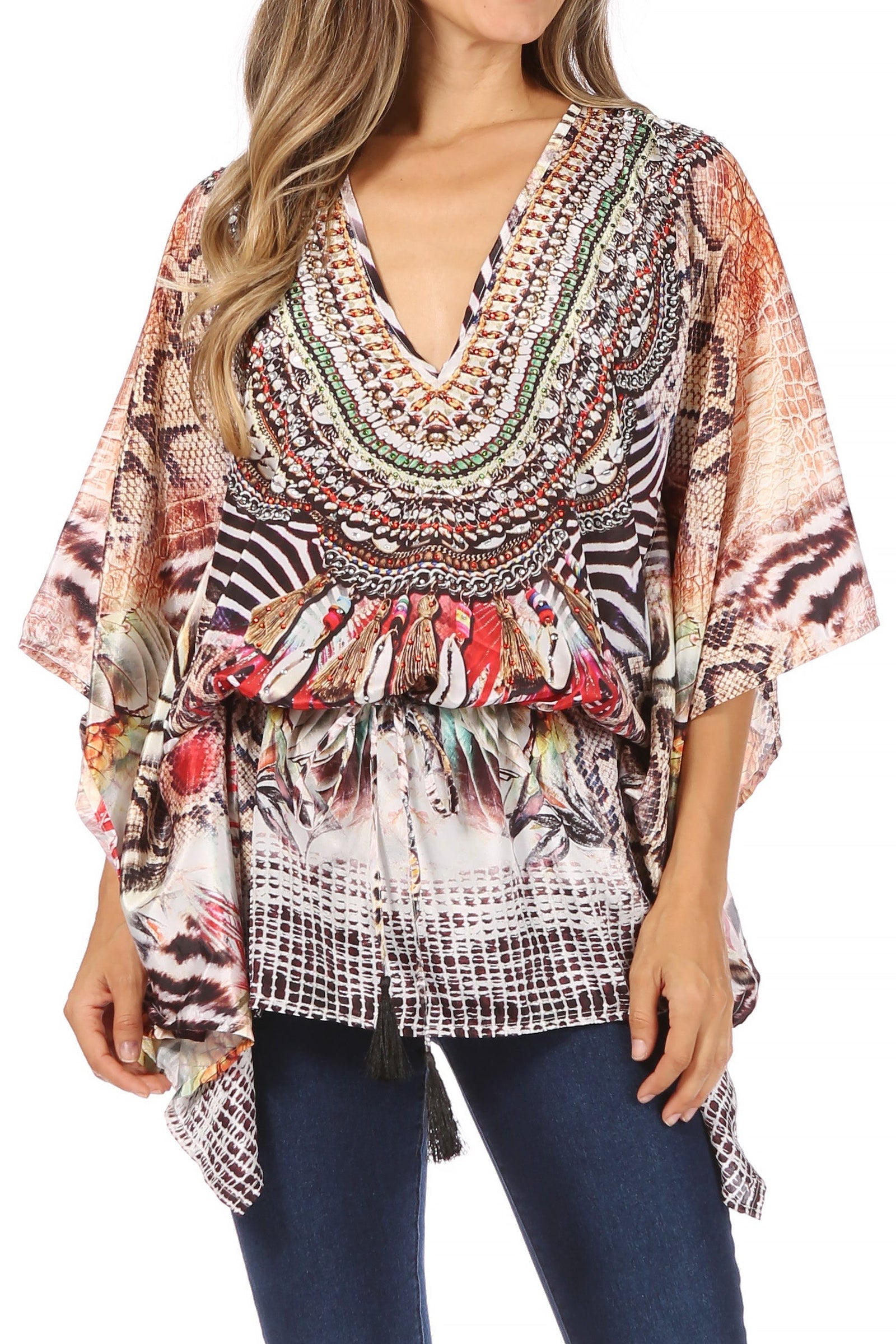 Blusa estilo bohemio de manga corta con cuello en V y estilo informal de gran tamaño para mujer de Sakkas Danis