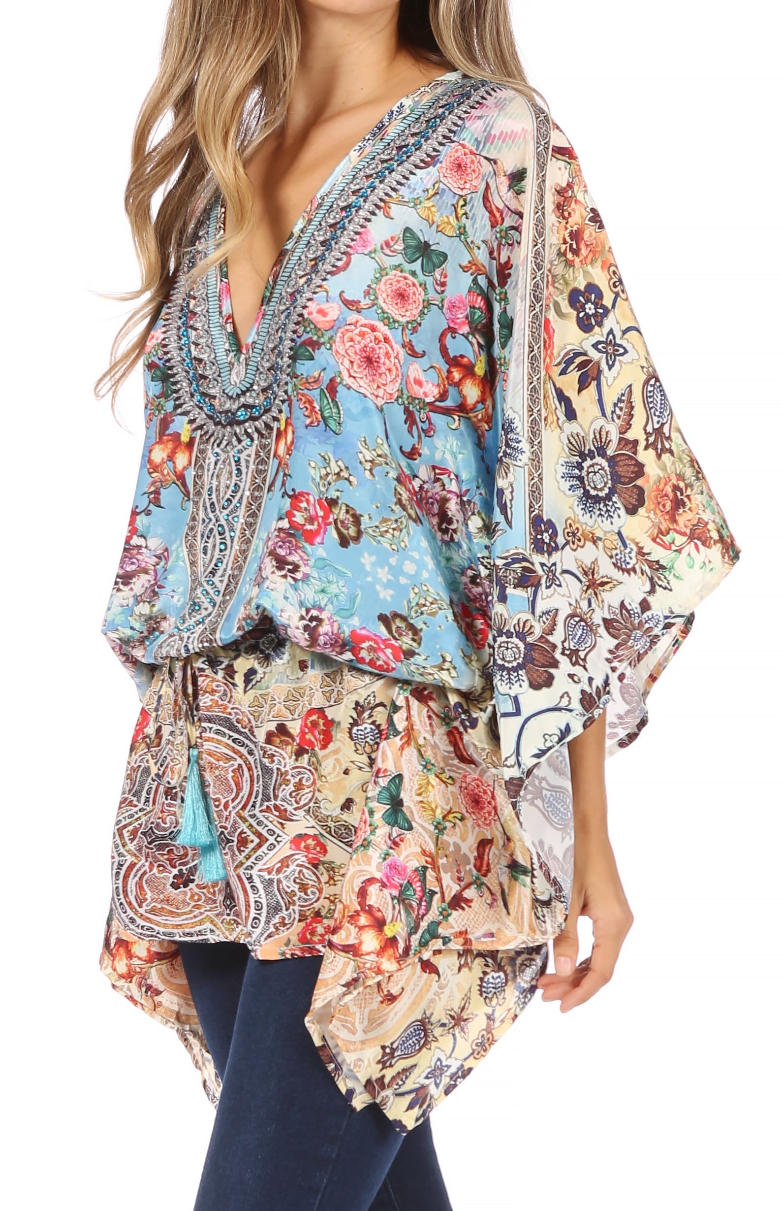 Blusa estilo bohemio de manga corta con cuello en V y estilo informal de gran tamaño para mujer de Sakkas Danis