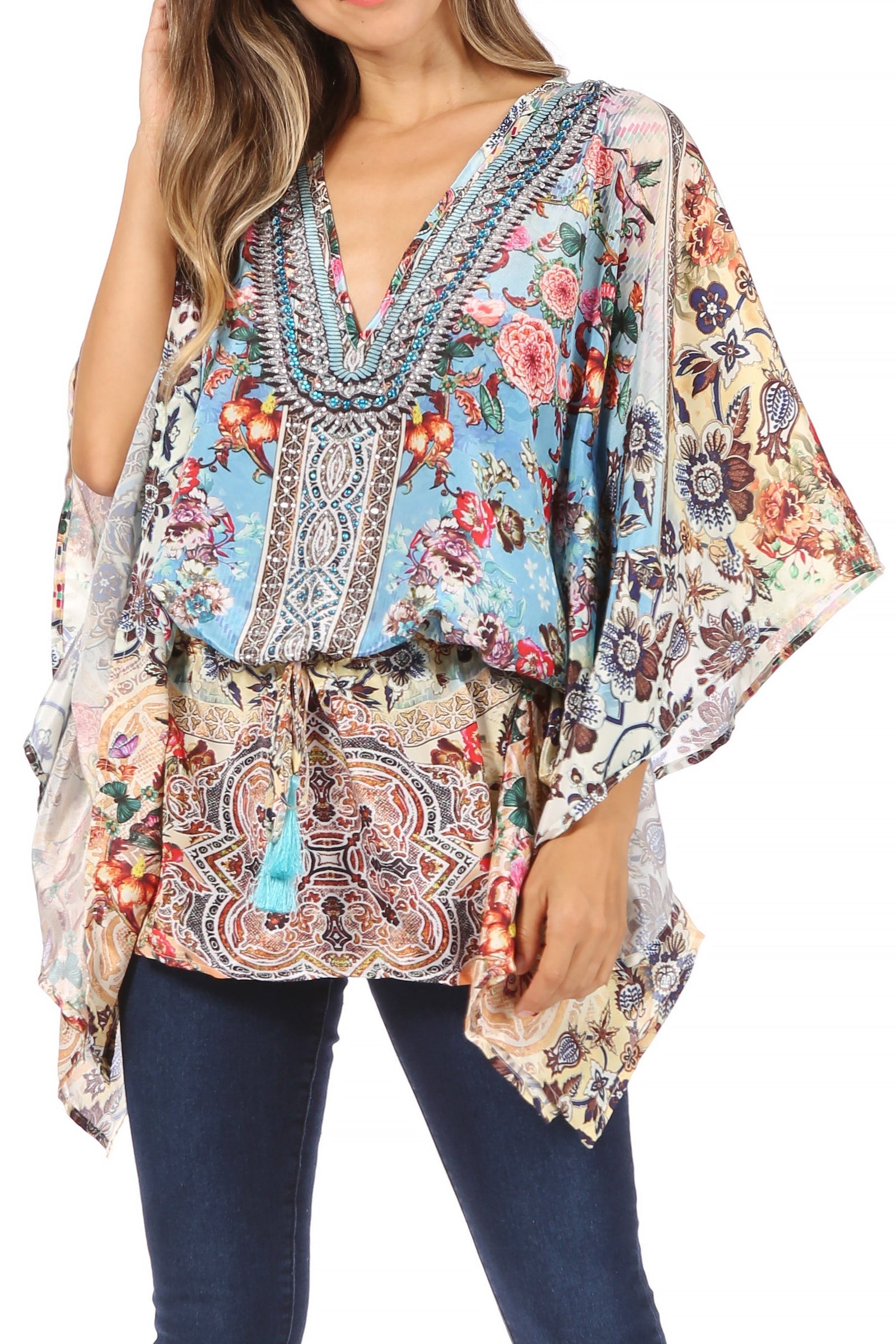 Blusa estilo bohemio de manga corta con cuello en V y estilo informal de gran tamaño para mujer de Sakkas Danis