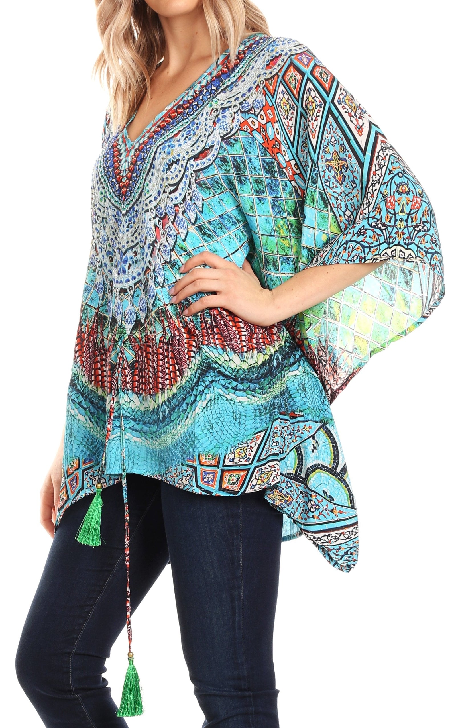 Blusa estilo bohemio de manga corta con cuello en V y estilo informal de gran tamaño para mujer de Sakkas Danis