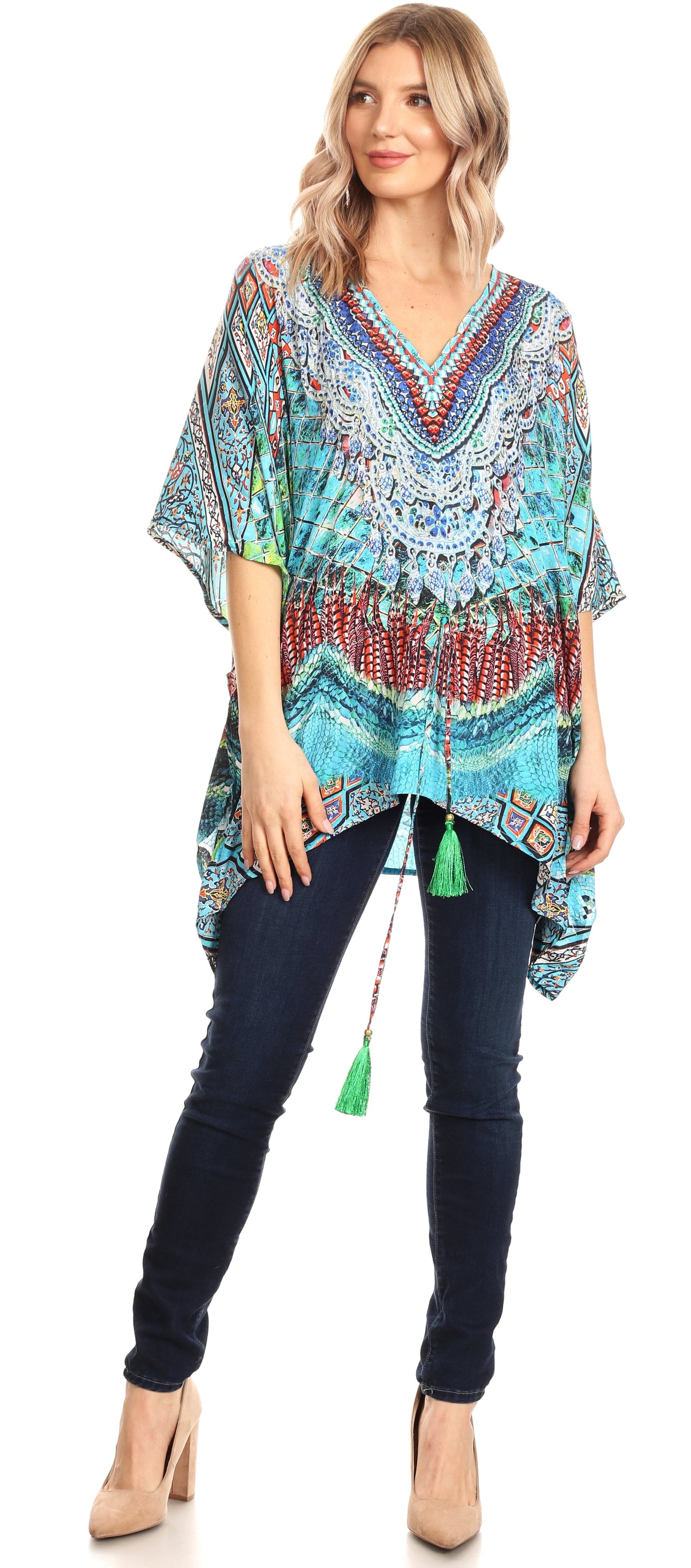 Blusa estilo bohemio de manga corta con cuello en V y estilo informal de gran tamaño para mujer de Sakkas Danis
