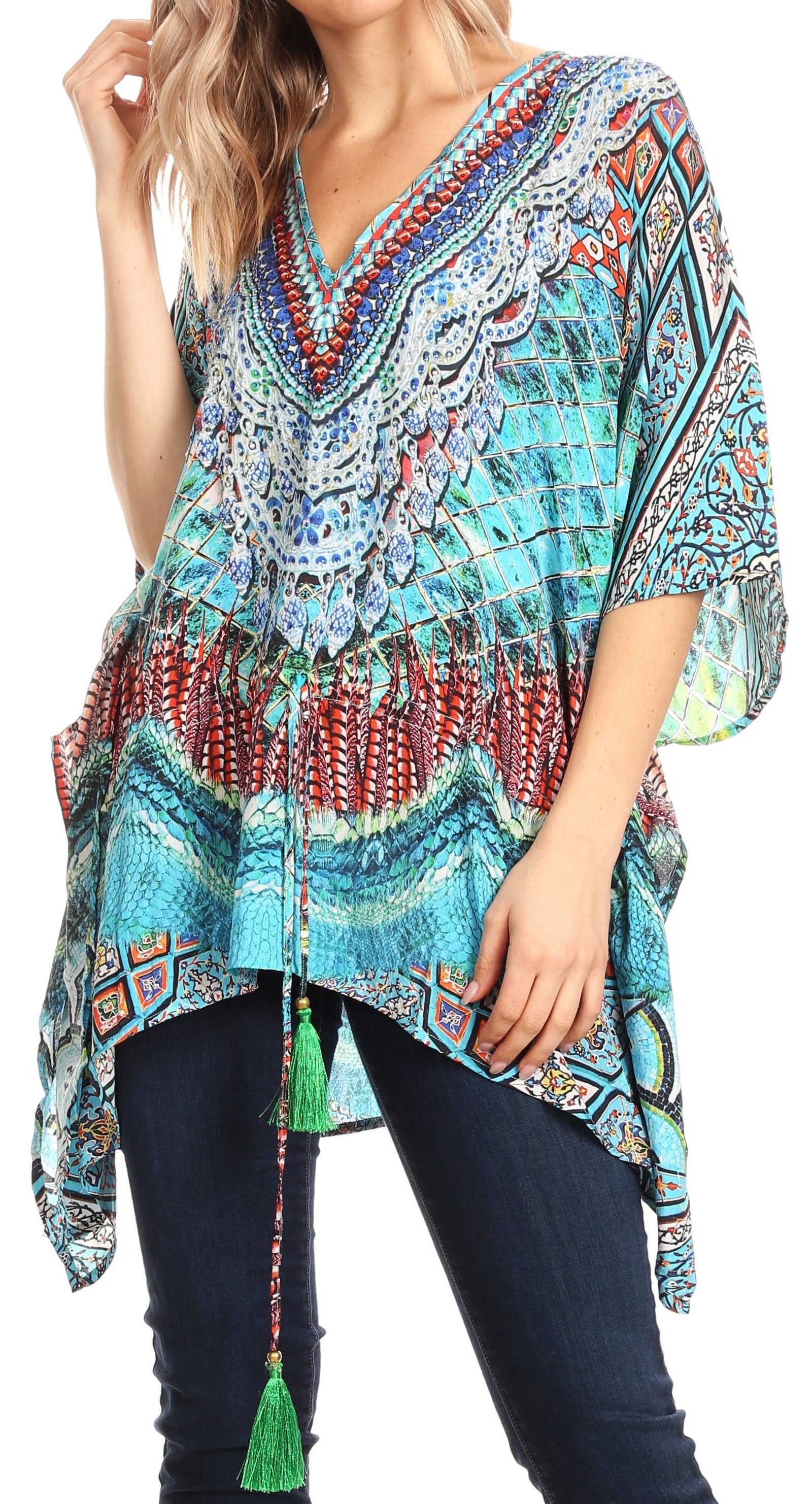 Blusa estilo bohemio de manga corta con cuello en V y estilo informal de gran tamaño para mujer de Sakkas Danis
