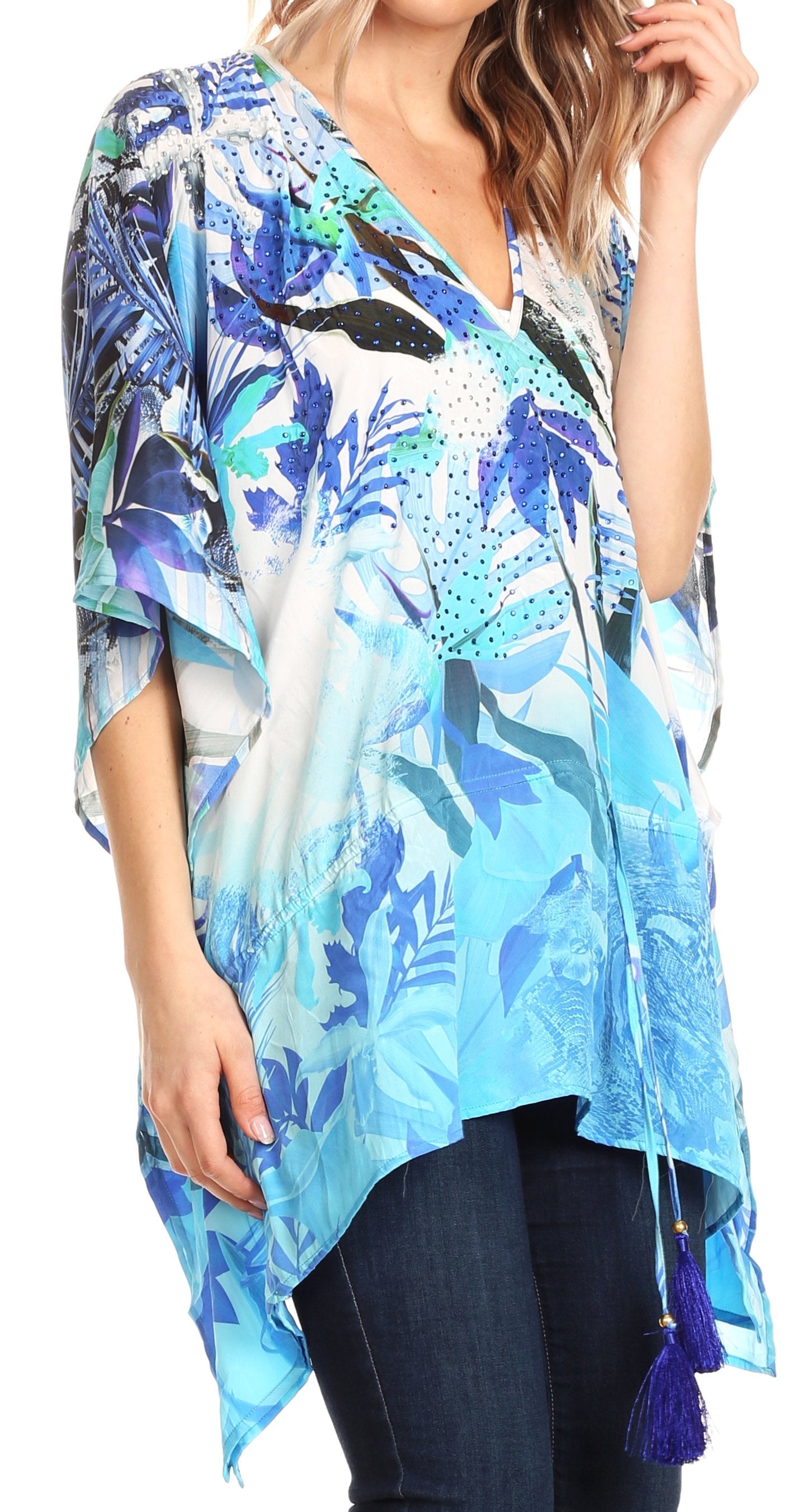 Blusa estilo bohemio de manga corta con cuello en V y estilo informal de gran tamaño para mujer de Sakkas Danis