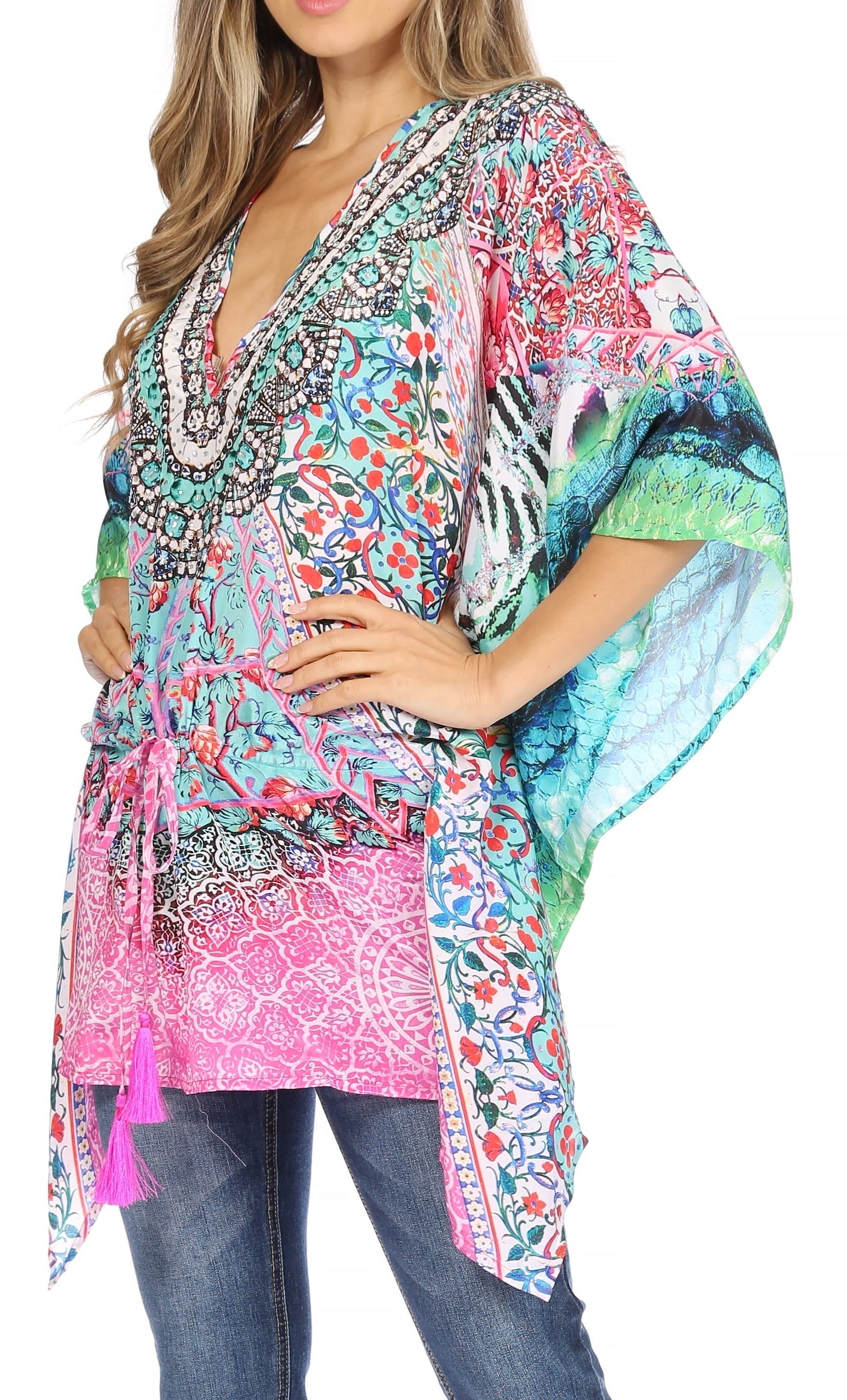Blusa estilo bohemio de manga corta con cuello en V y estilo informal de gran tamaño para mujer de Sakkas Danis