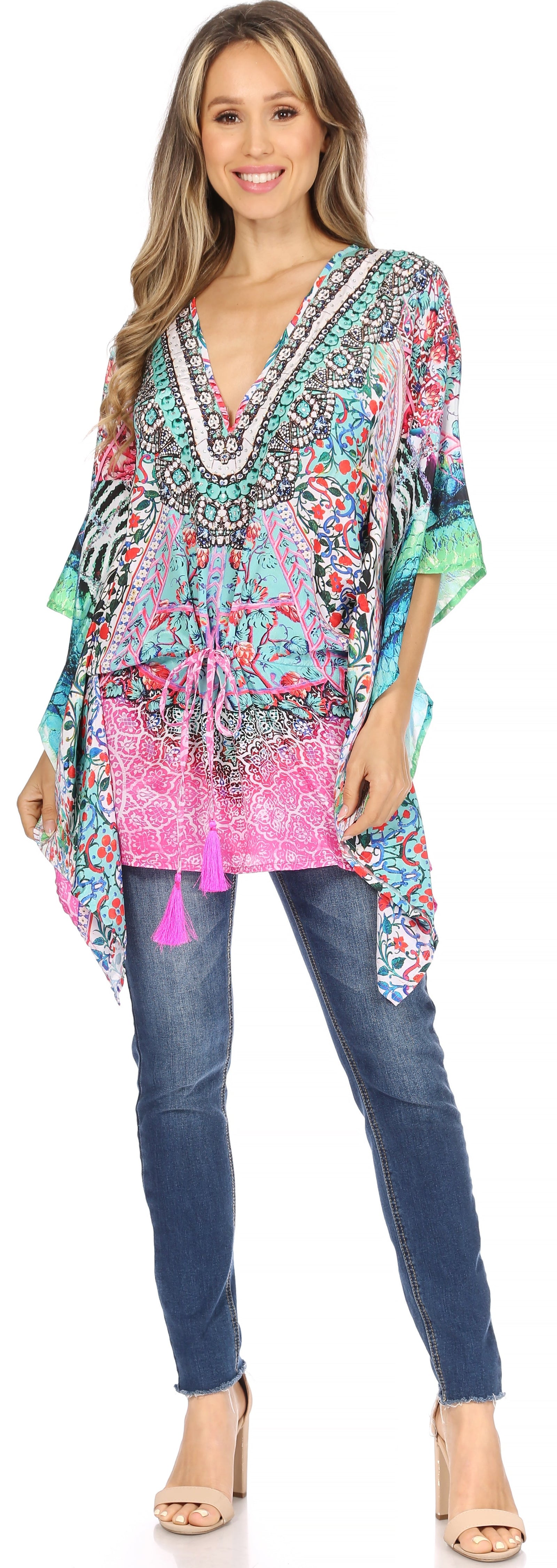 Blusa estilo bohemio de manga corta con cuello en V y estilo informal de gran tamaño para mujer de Sakkas Danis