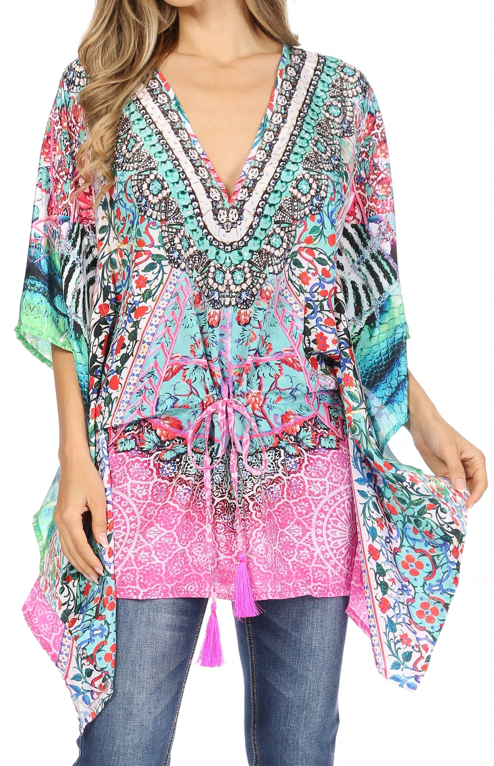 Blusa estilo bohemio de manga corta con cuello en V y estilo informal de gran tamaño para mujer de Sakkas Danis