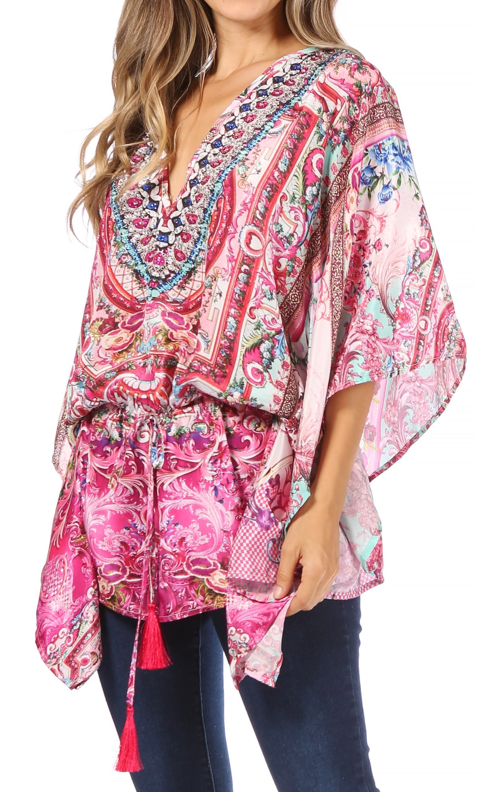 Blusa estilo bohemio de manga corta con cuello en V y estilo informal de gran tamaño para mujer de Sakkas Danis