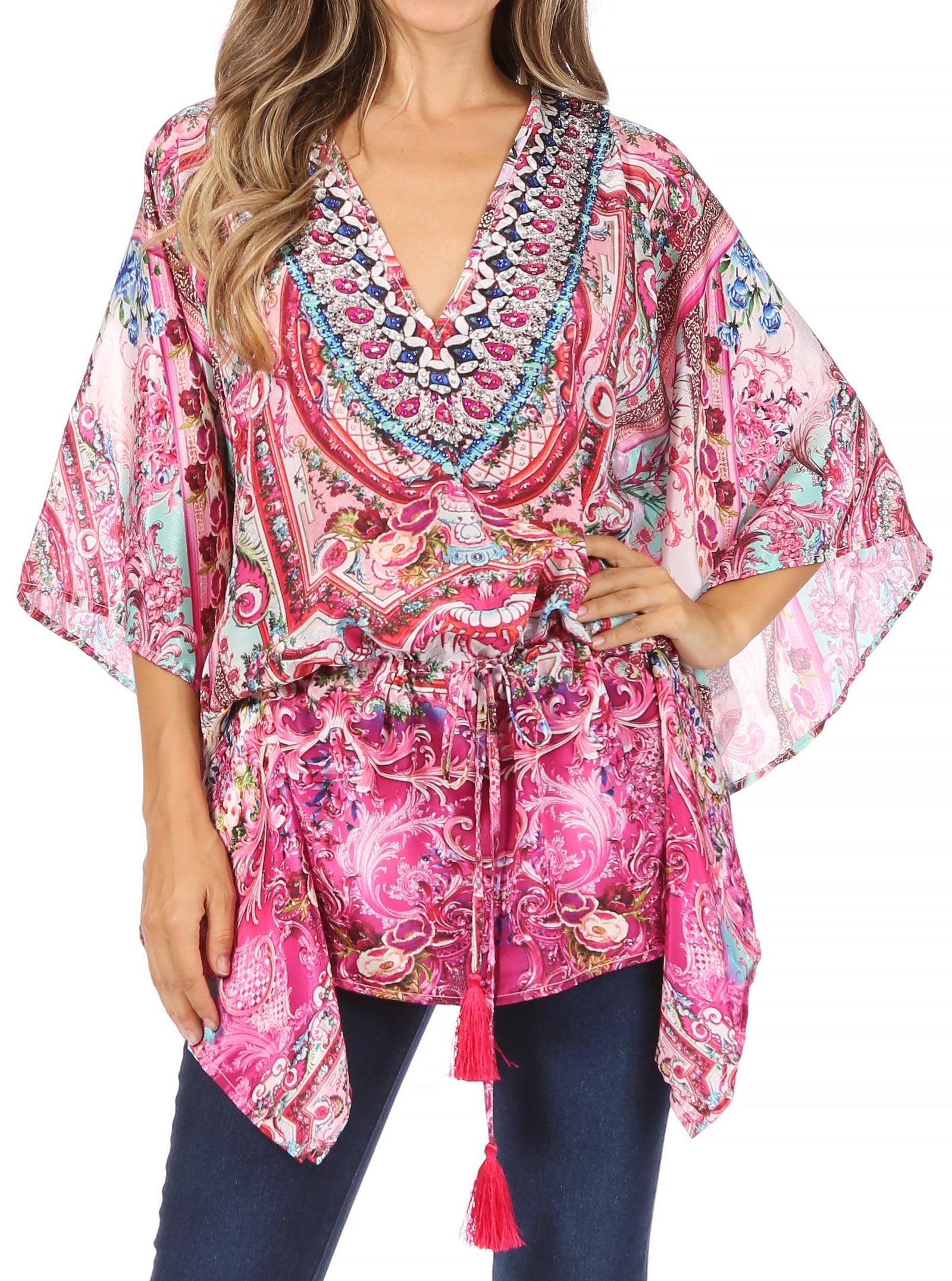 Blusa estilo bohemio de manga corta con cuello en V y estilo informal de gran tamaño para mujer de Sakkas Danis