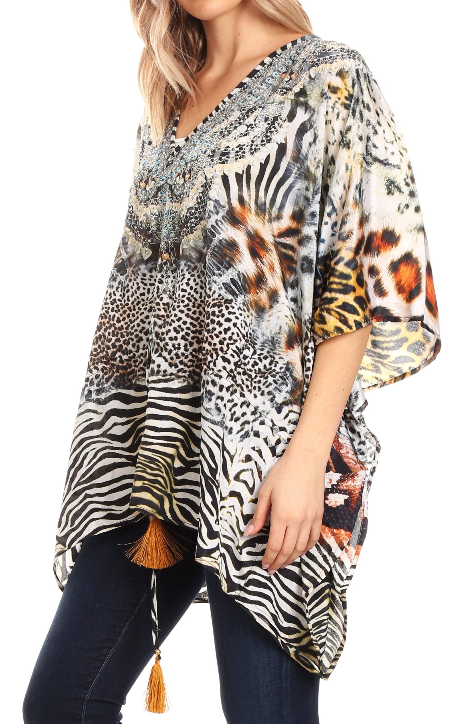 Blusa estilo bohemio de manga corta con cuello en V y estilo informal de gran tamaño para mujer de Sakkas Danis