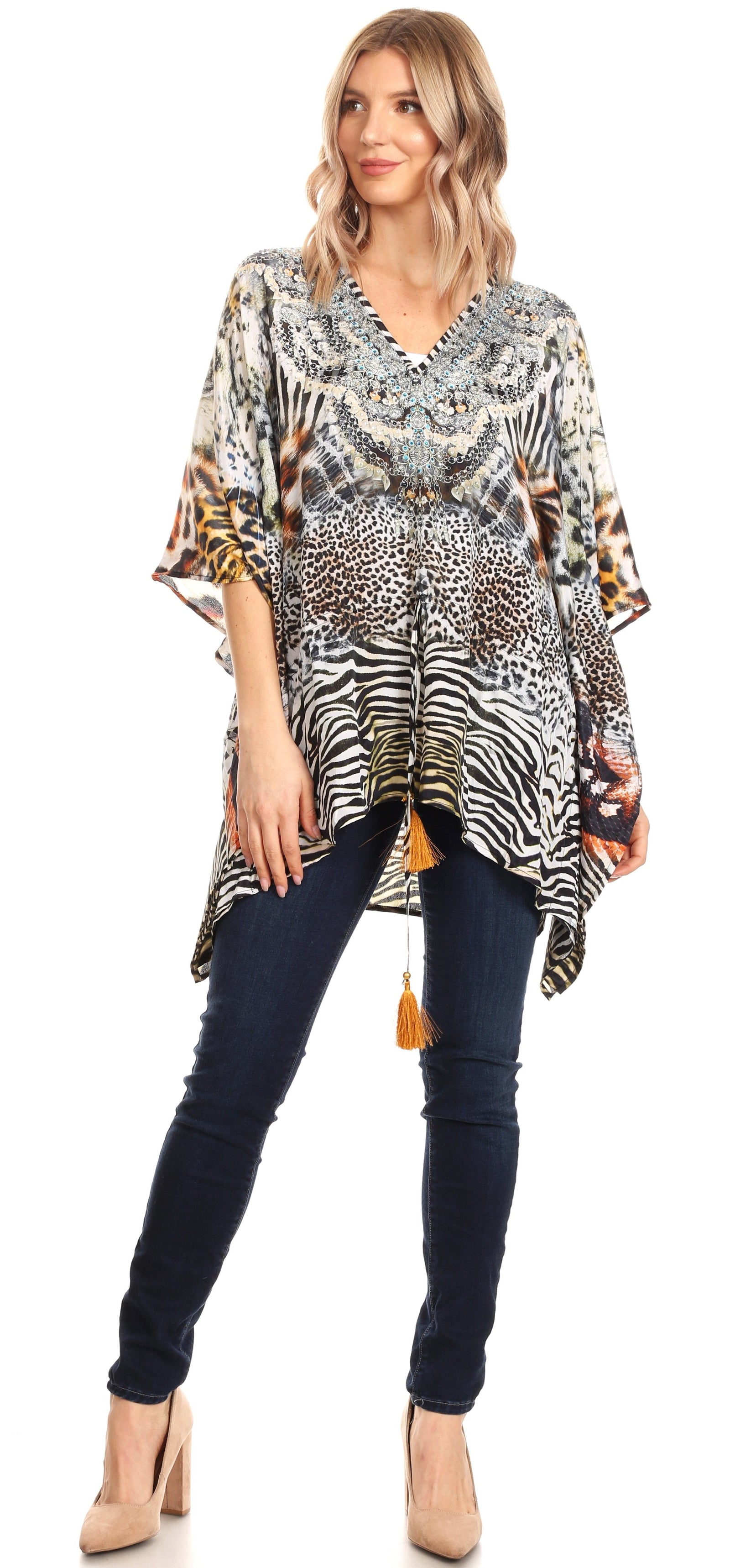 Blusa estilo bohemio de manga corta con cuello en V y estilo informal de gran tamaño para mujer de Sakkas Danis