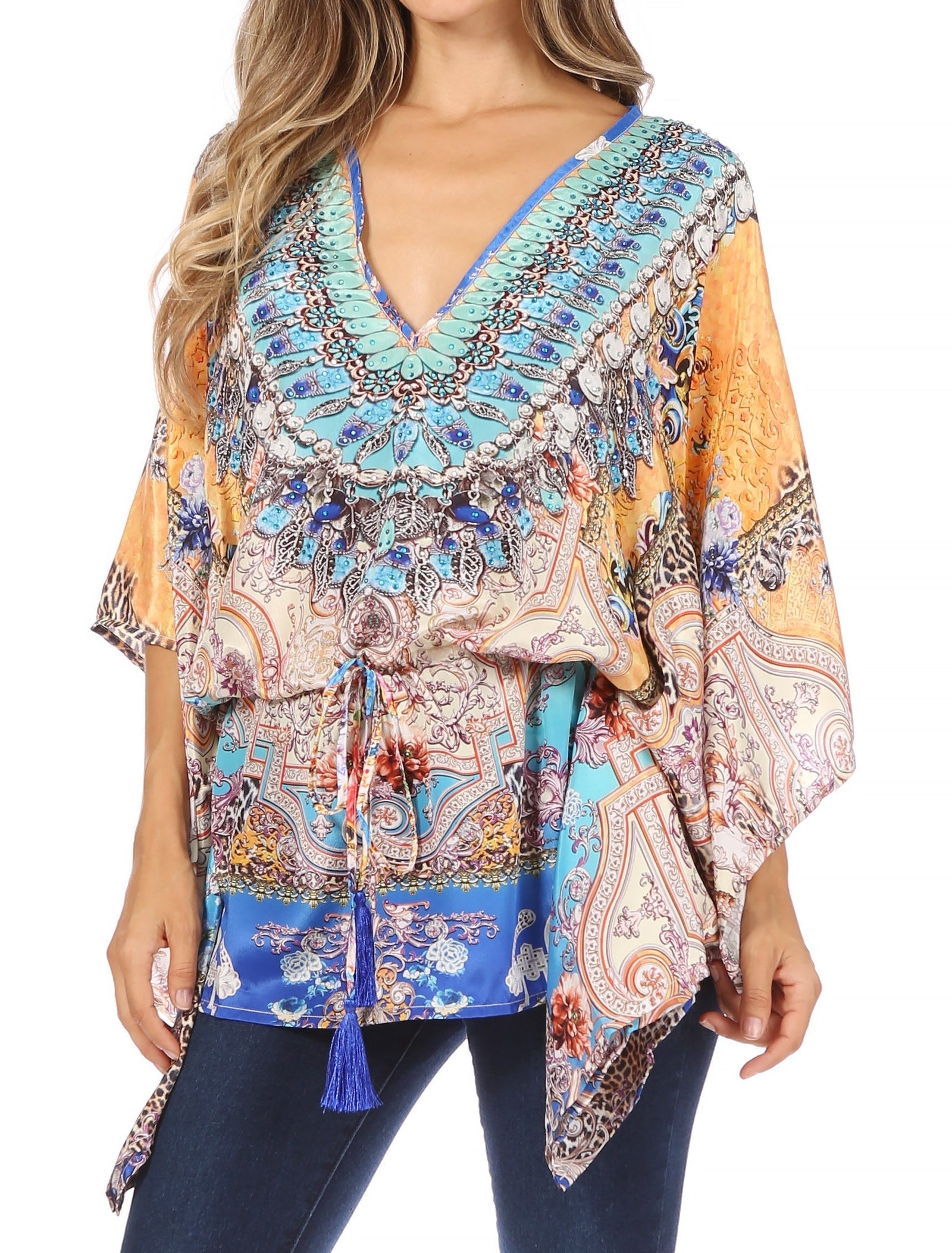 Blusa estilo bohemio de manga corta con cuello en V y estilo informal de gran tamaño para mujer de Sakkas Danis