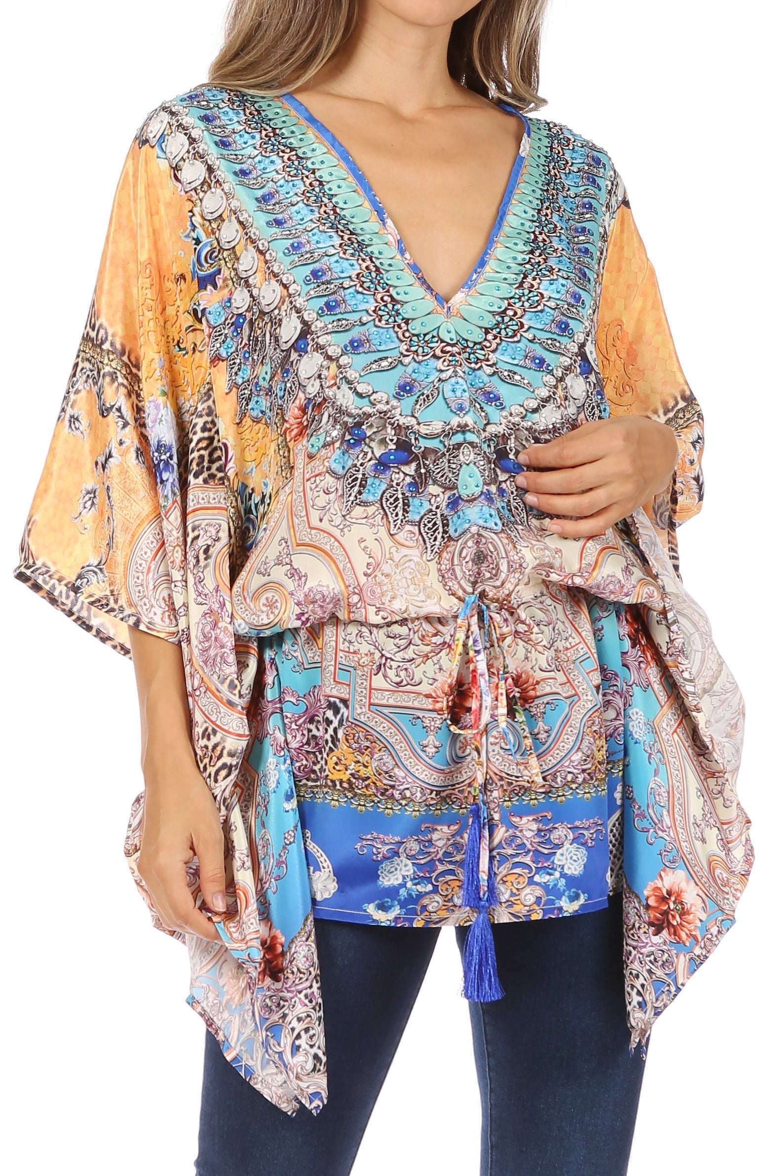 Blusa estilo bohemio de manga corta con cuello en V y estilo informal de gran tamaño para mujer de Sakkas Danis