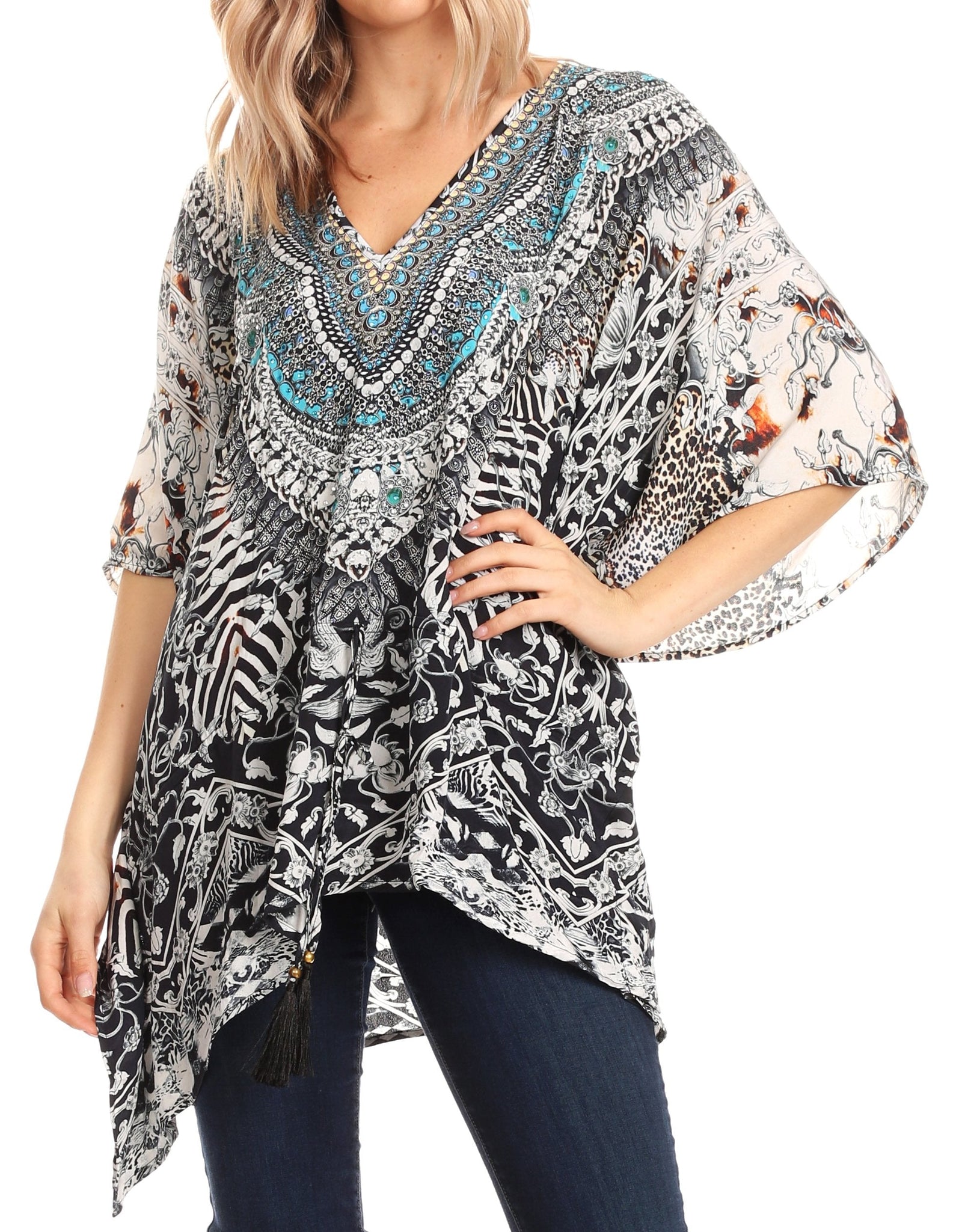 Blusa estilo bohemio de manga corta con cuello en V y estilo informal de gran tamaño para mujer de Sakkas Danis