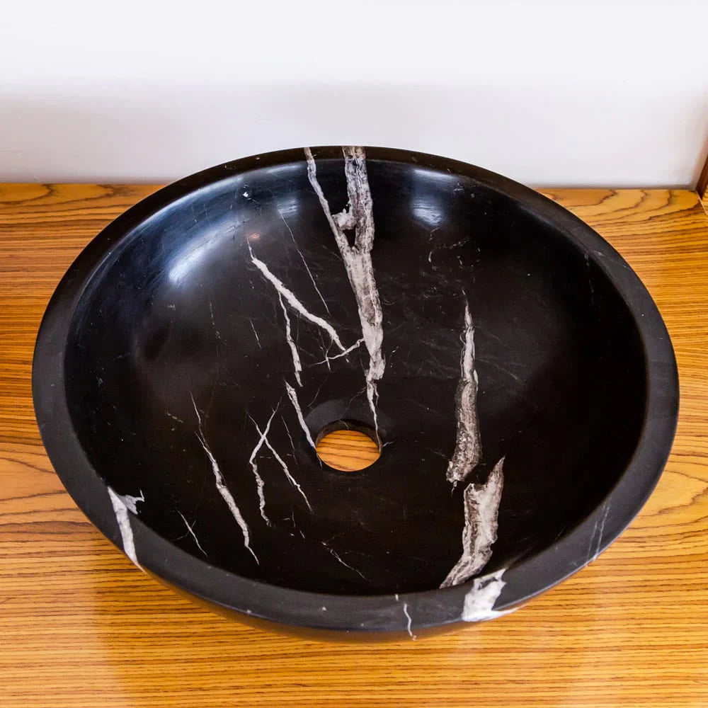 Lavabo de baño de mármol negro Toros de piedra natural sobre tocador (diámetro de 16