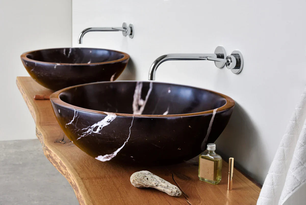 Lavabo de baño de mármol negro Toros de piedra natural sobre tocador (diámetro de 16" y alto de 6")