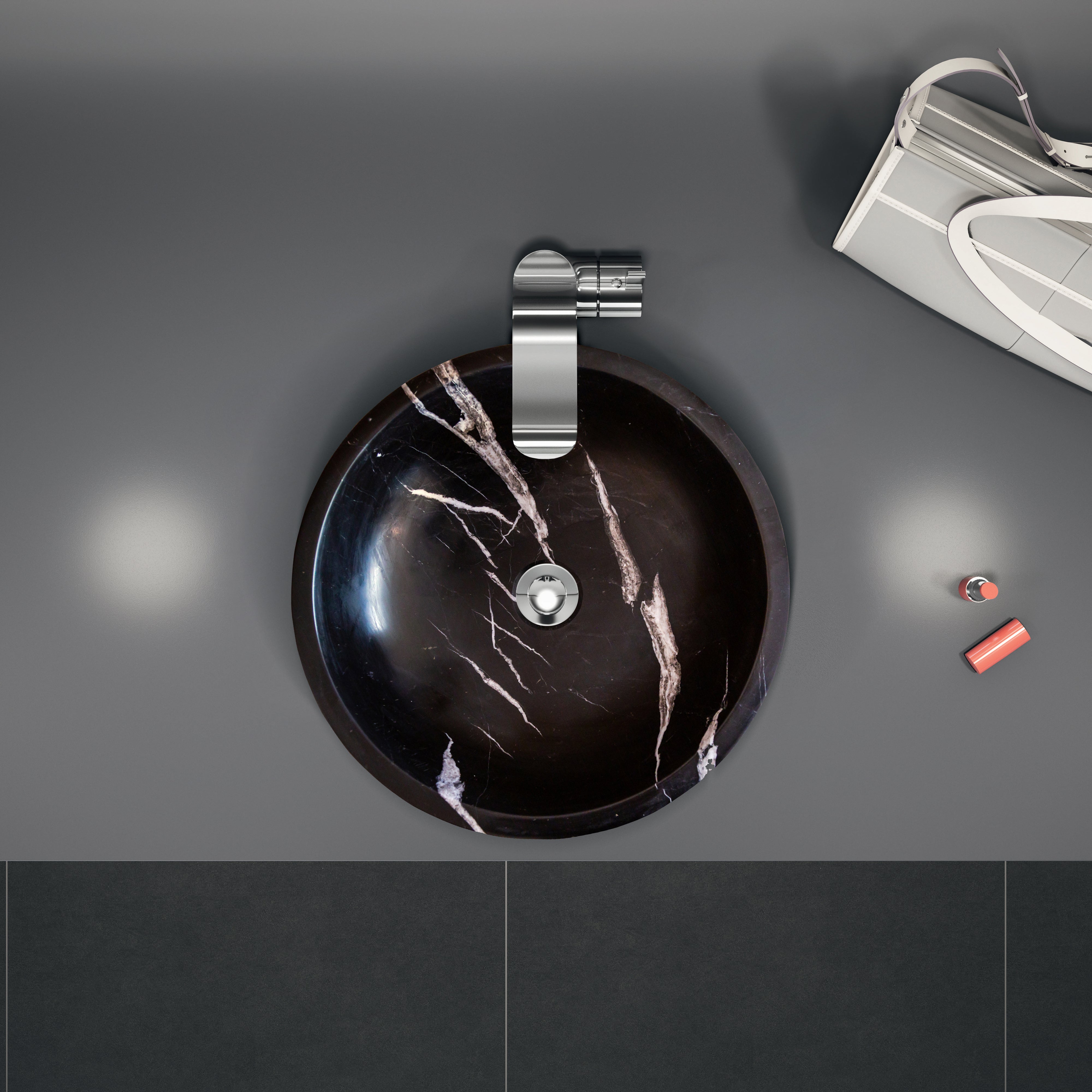 Lavabo de baño de mármol negro Toros de piedra natural sobre tocador (diámetro de 16" y alto de 6")