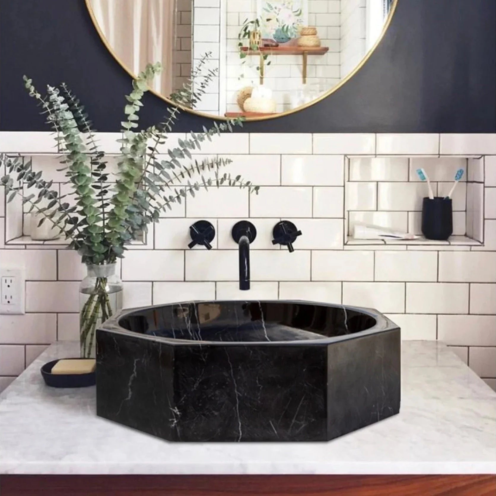 Lavabo de baño Toros de mármol negro octogonal sobre el tocador pulido (diámetro de 16" y altura de 5")