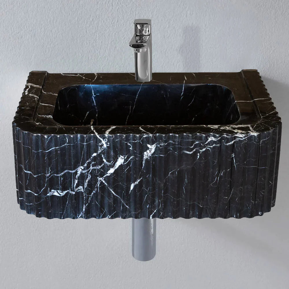 Lavabo de baño de pared rectangular de mármol negro Toros pulido (ancho) 12" (largo) 19" (alto) 7"