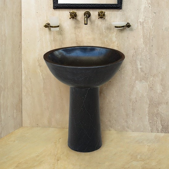 Lavabo independiente con pedestal ovalado de piedra natural de mármol negro Toros (ancho) 17